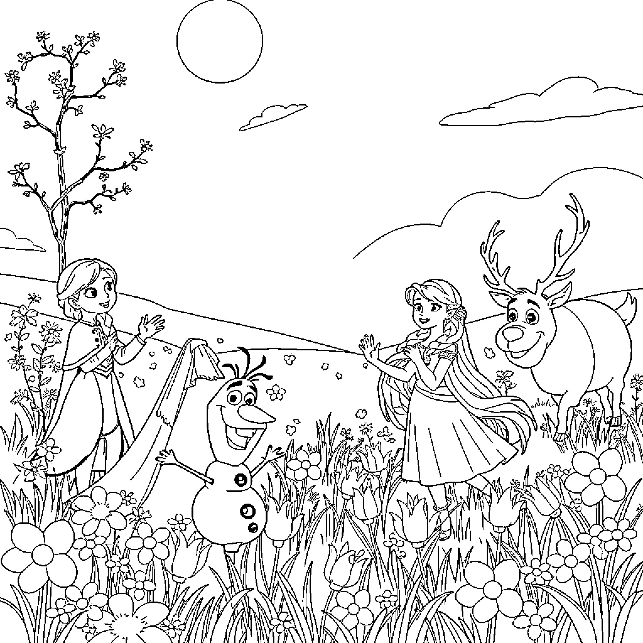 Princess Enjoying a Magical Outdoor Adventure Coloring Page (free black-and-white line drawing printable PDF for all, from beginners to advanced learners, including children, teens, adults, and seniors)