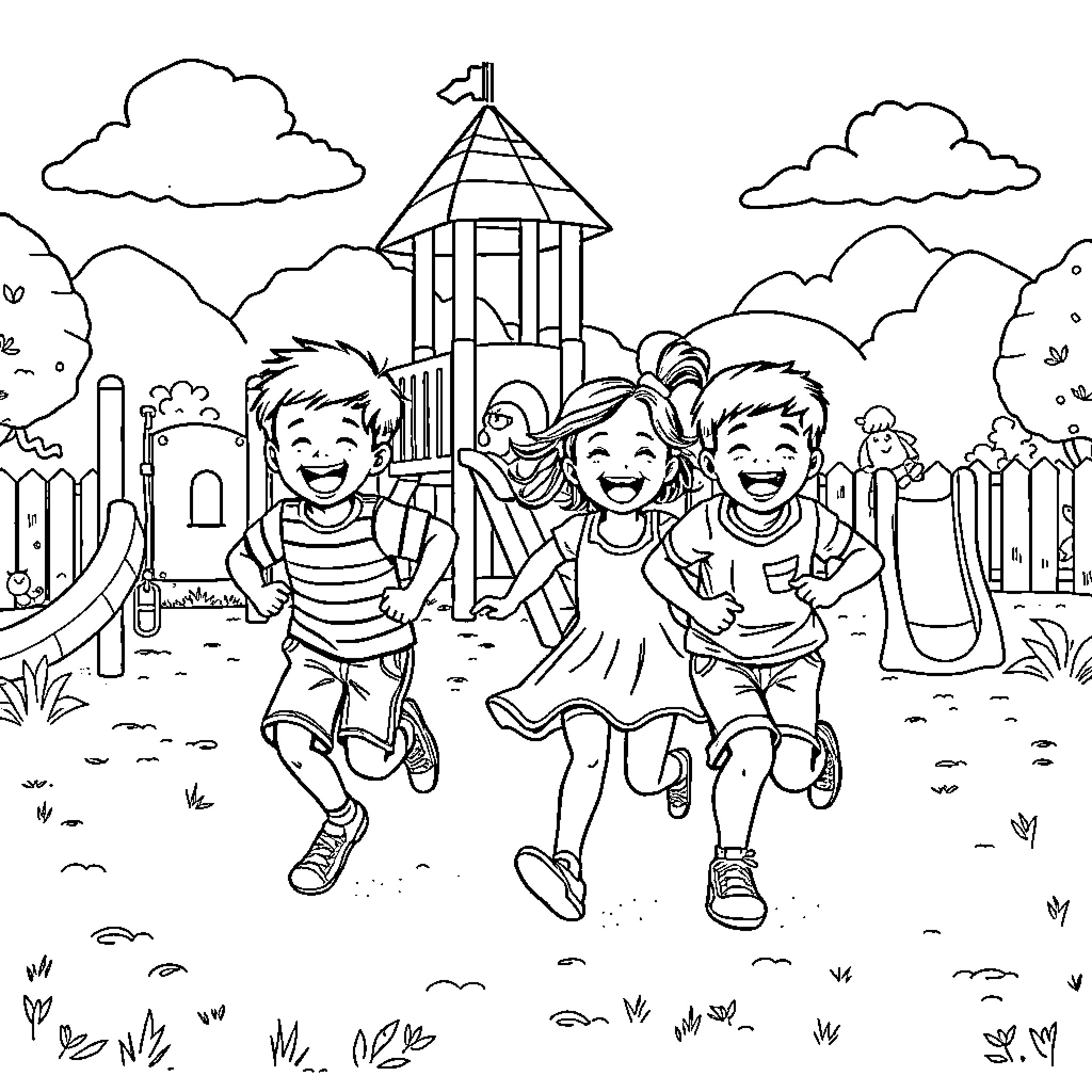 Children playing joyfully at the playground Coloring Page (free black-and-white line drawing printable PDF for all, from beginners to advanced learners, including children, teens, adults, and seniors)