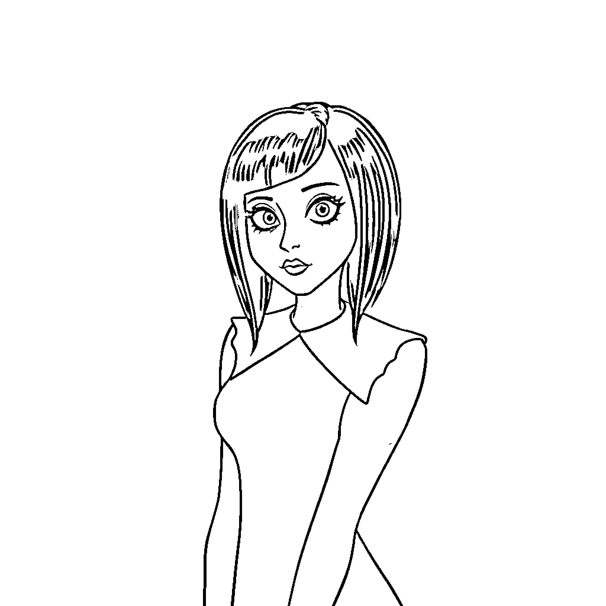 Wednesday Addams' Pensive Gaze Coloring Page (free black-and-white line drawing printable PDF for all, from beginners to advanced learners, including children, teens, adults, and seniors)