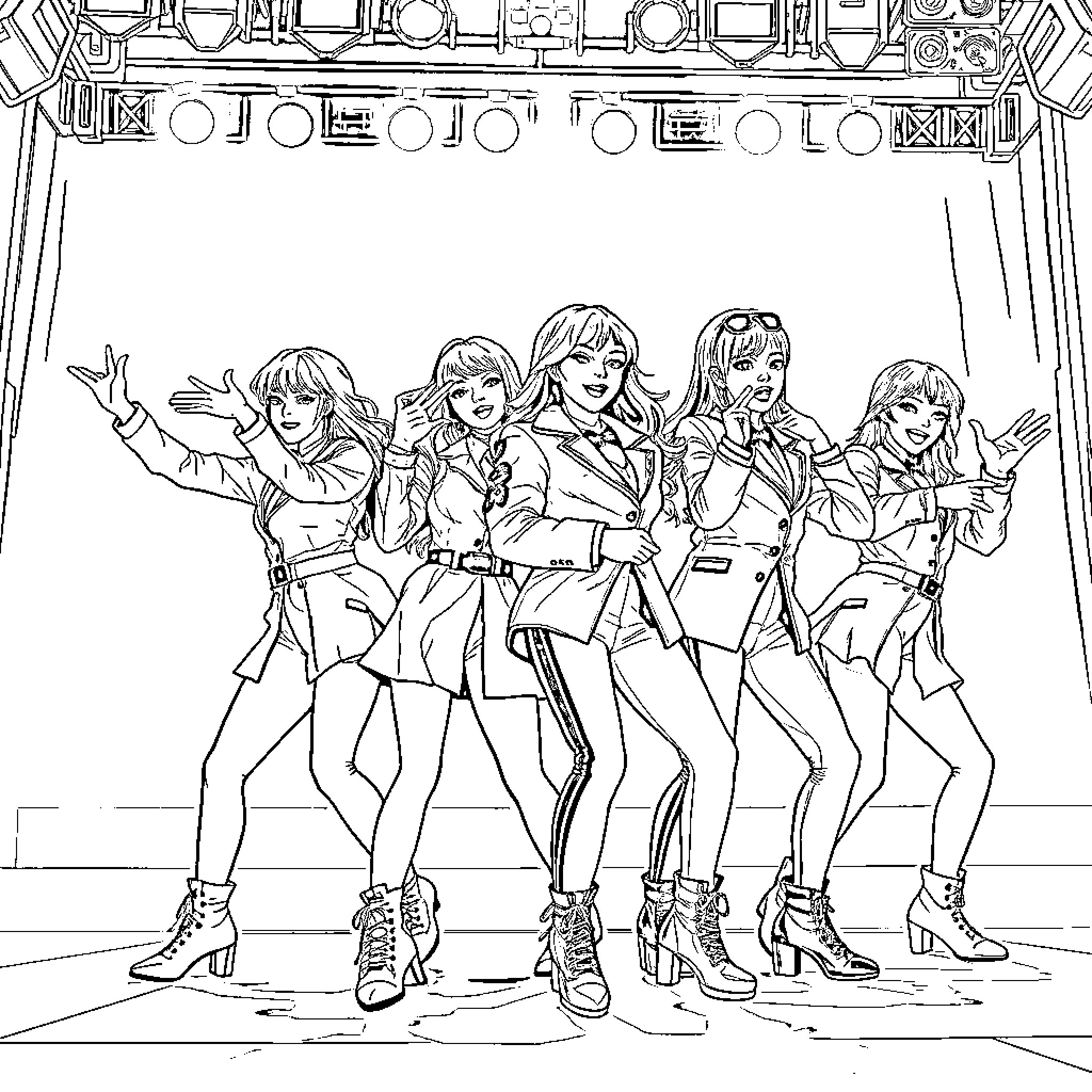 Guerrera: Girl band performing on stage Coloring Page (free black-and-white line drawing printable PDF for all, from beginners to advanced learners, including children, teens, adults, and seniors)