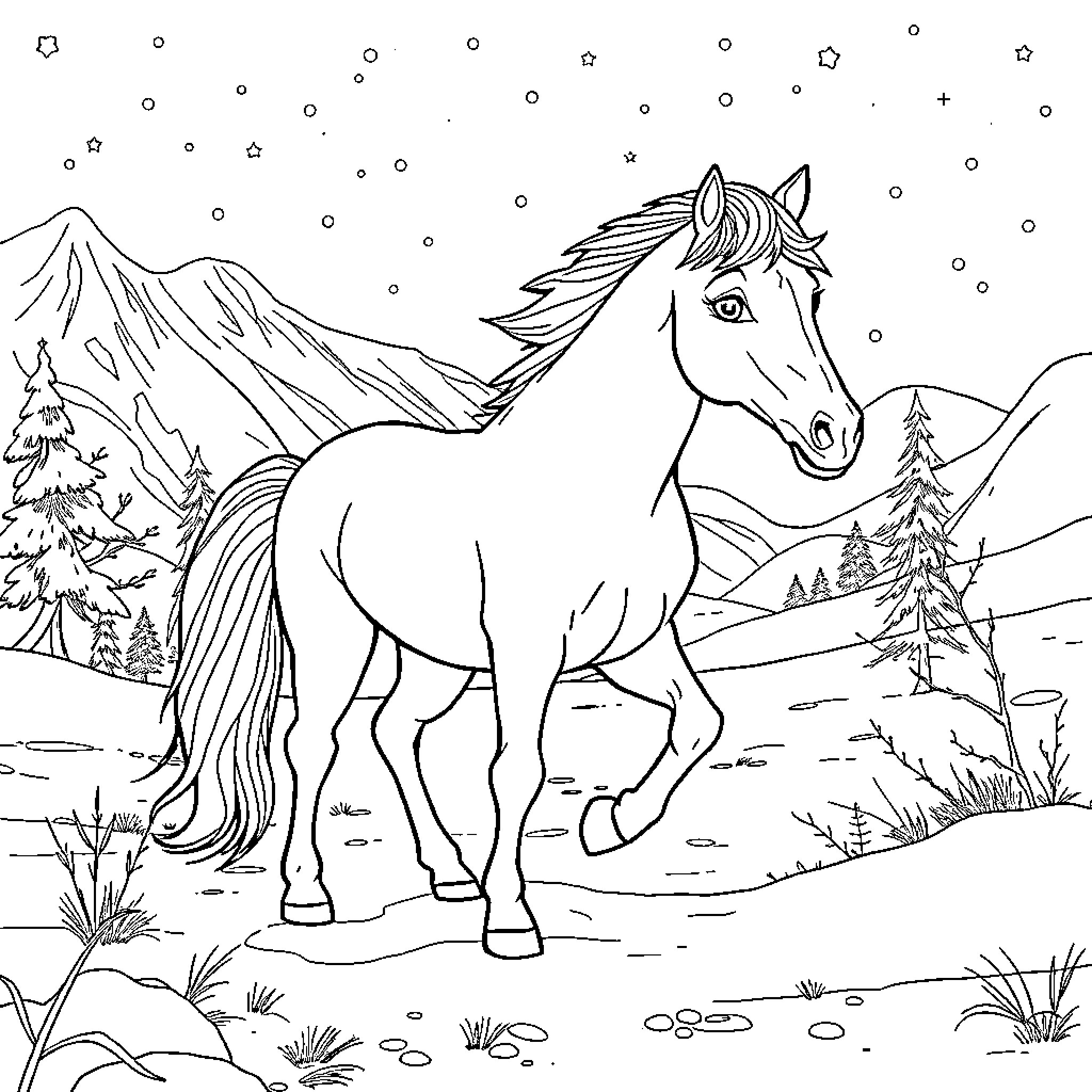 Frozen horse galloping through the snowy landscape Coloring Page (free black-and-white line drawing printable PDF for all, from beginners to advanced learners, including children, teens, adults, and seniors)