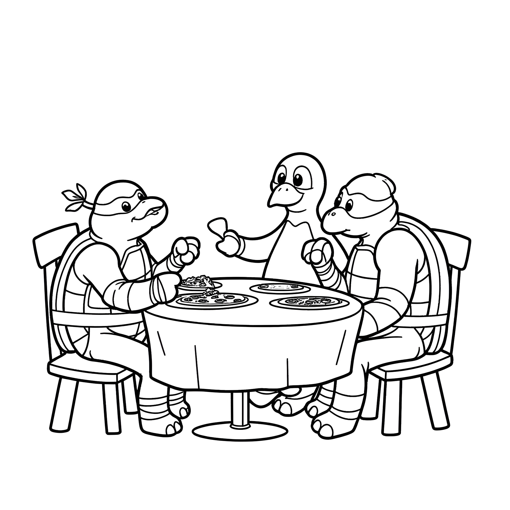 Penguins enjoying a meal together Coloring Page (free black-and-white line drawing printable PDF for all, from beginners to advanced learners, including children, teens, adults, and seniors)