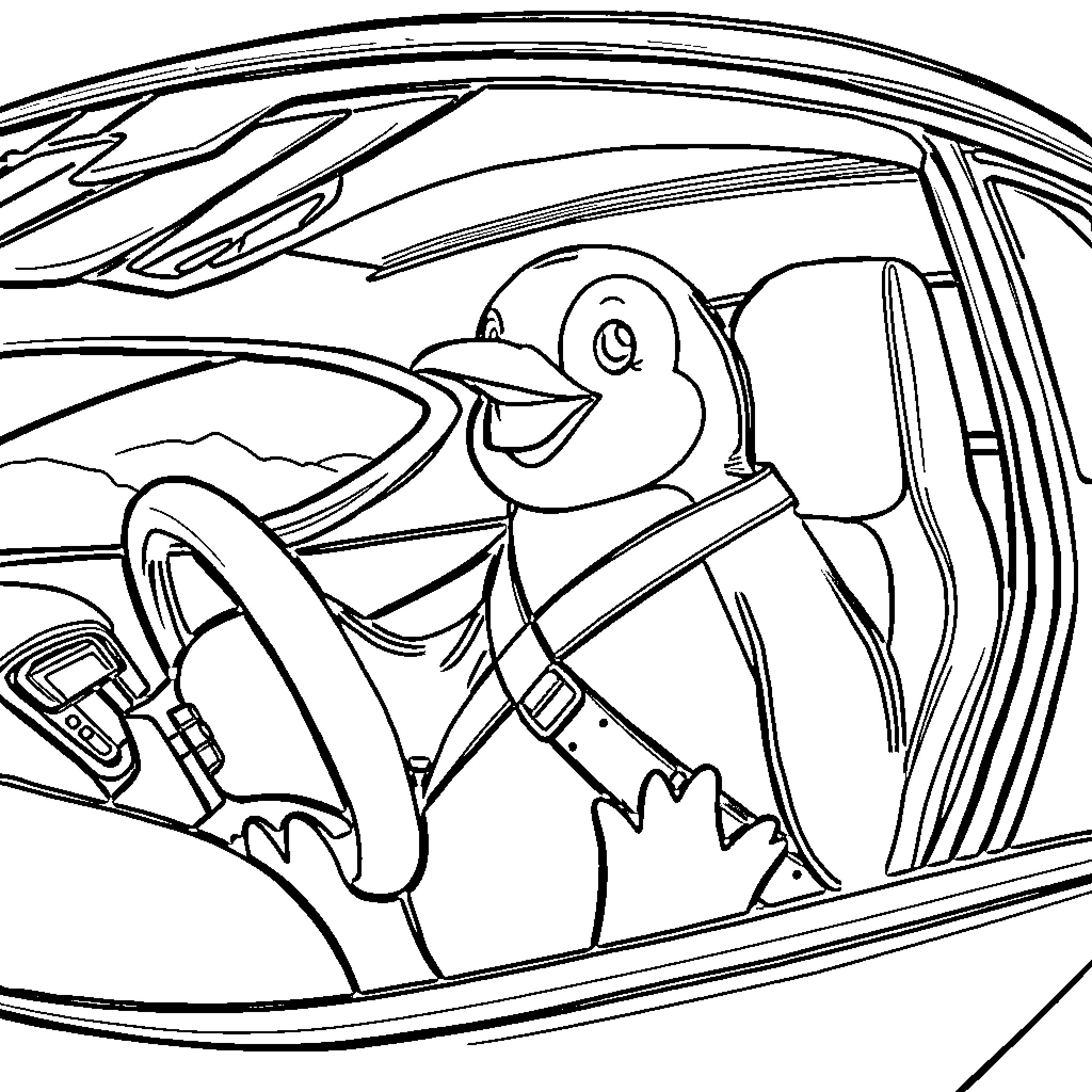 Penguin driving a car Coloring Page (free black-and-white line drawing printable PDF for all, from beginners to advanced learners, including children, teens, adults, and seniors)