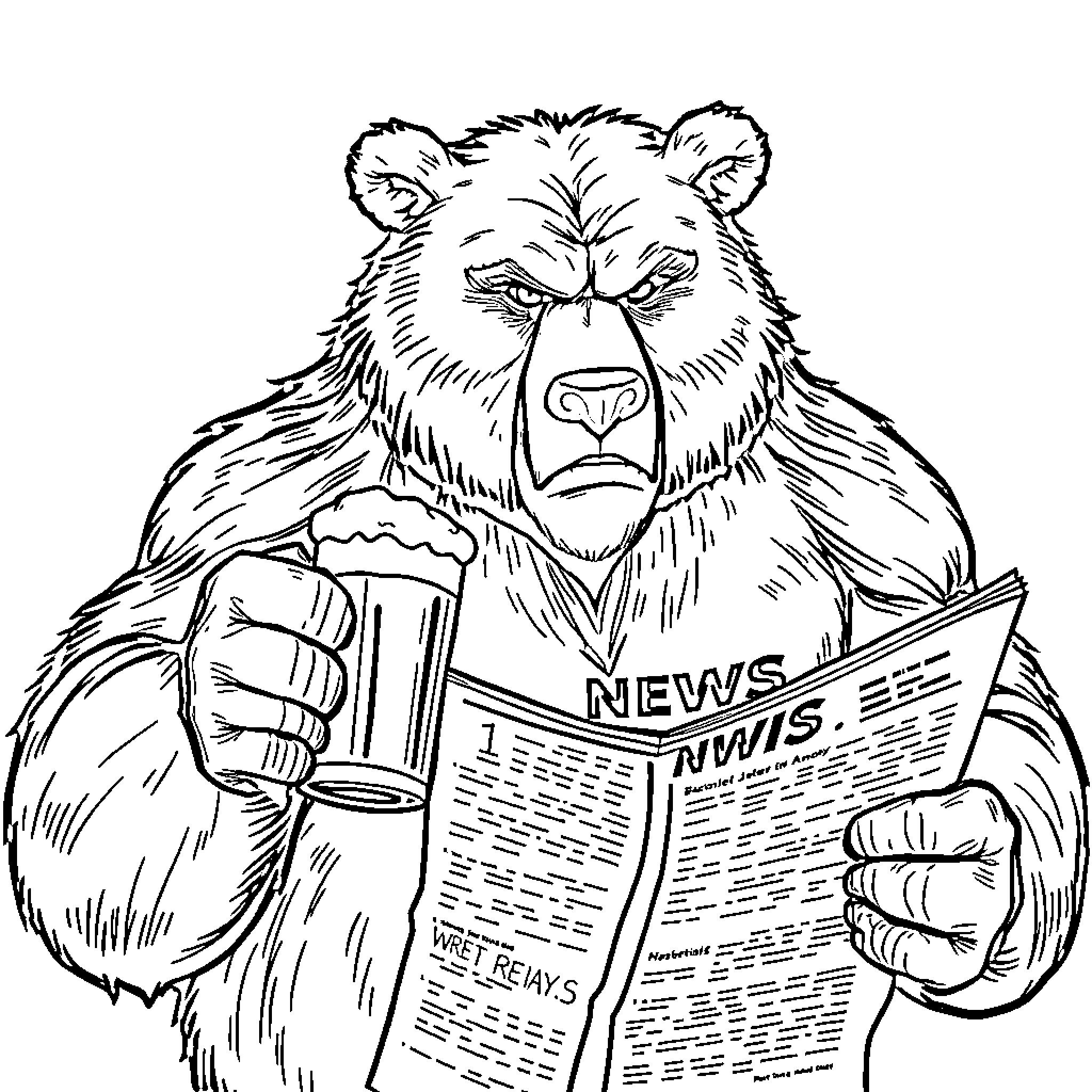 Bear reading news intently with a serious expression Coloring Page (free black-and-white line drawing printable PDF for all, from beginners to advanced learners, including children, teens, adults, and seniors)