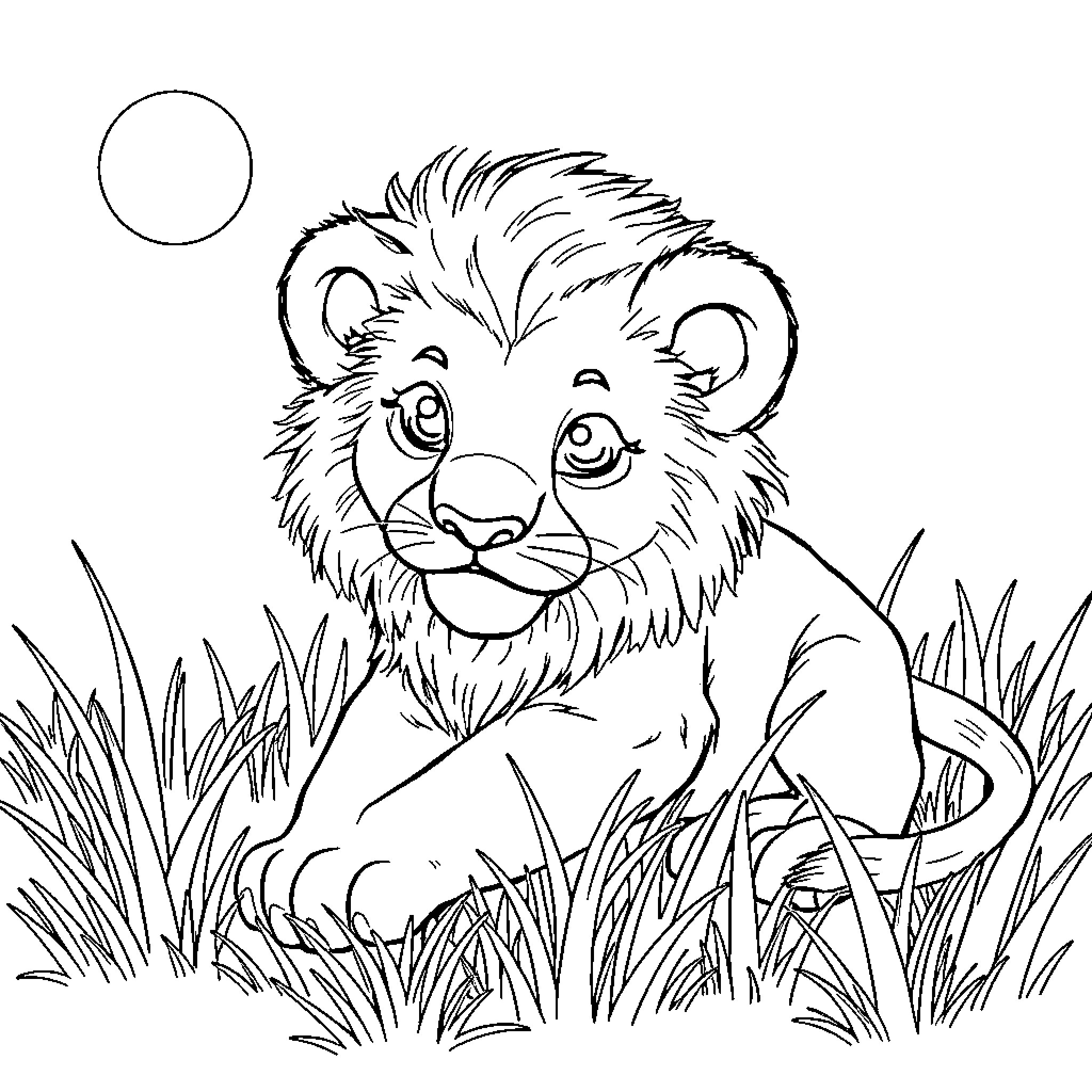 Lion cub playing in the grass under the moon Coloring Page (free black-and-white line drawing printable PDF for all, from beginners to advanced learners, including children, teens, adults, and seniors)