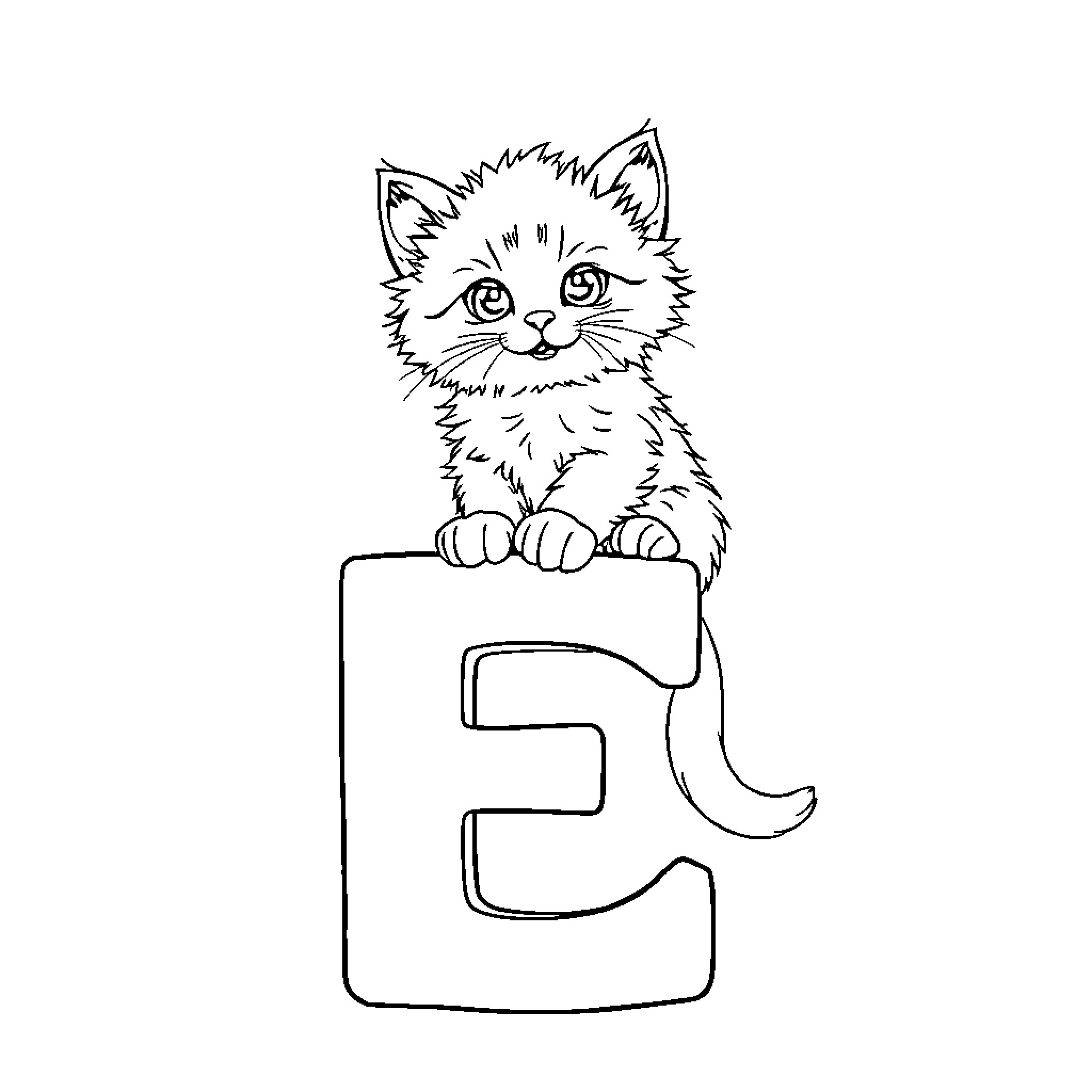 Kitten Peeking from Letter E Coloring Page (free black-and-white line drawing printable PDF for all, from beginners to advanced learners, including children, teens, adults, and seniors)
