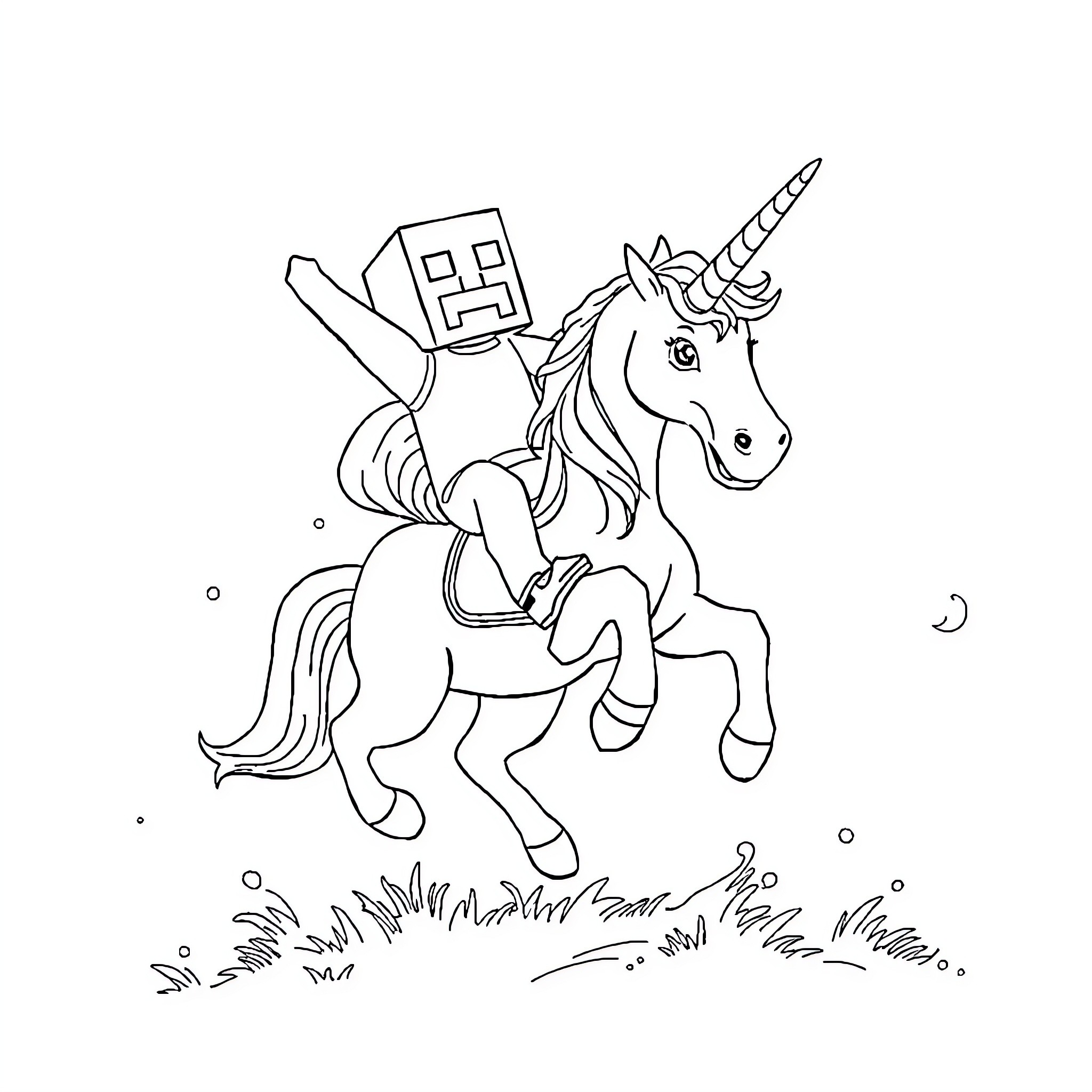 Creeper riding a unicorn in a fantasy meadow Coloring Page (free black-and-white line drawing printable PDF for all, from beginners to advanced learners, including children, teens, adults, and seniors)