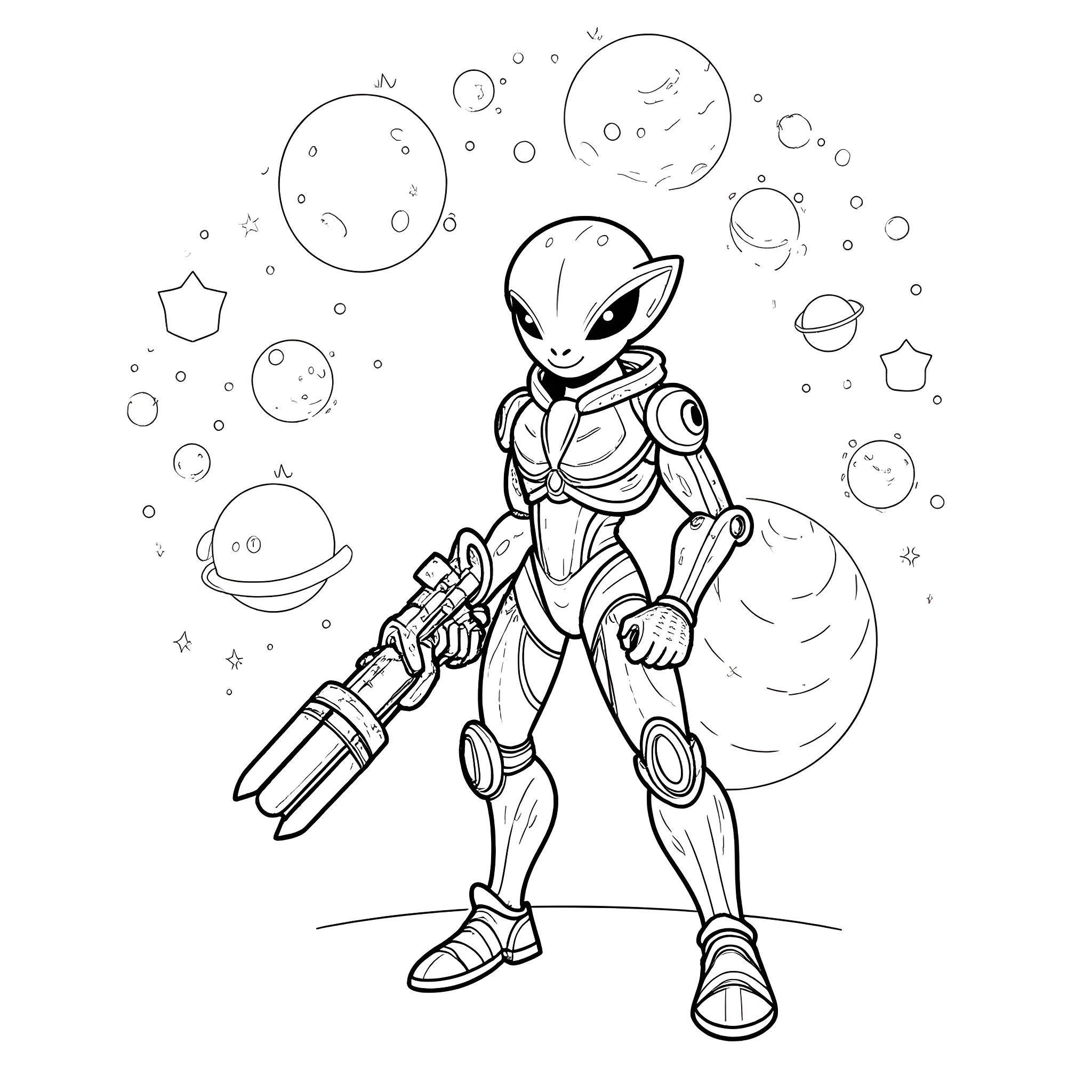 Dregg the Alien Adventurer in Space Coloring Page (free black-and-white line drawing printable PDF for all, from beginners to advanced learners, including children, teens, adults, and seniors)