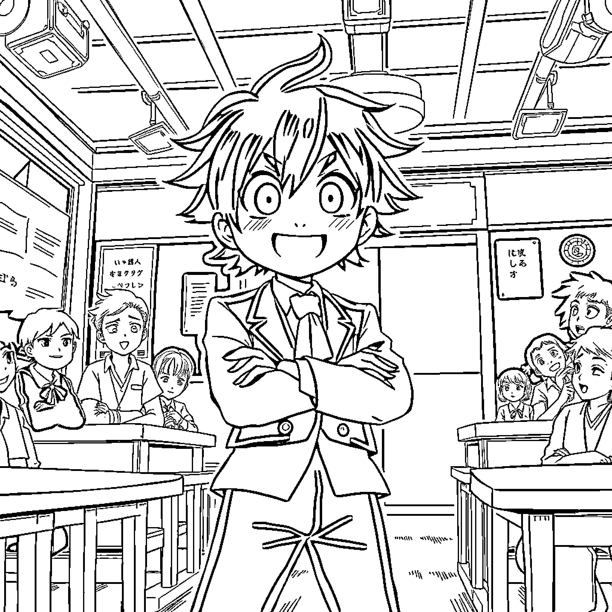 Kokichi's Lively Classroom Adventure Coloring Page (free black-and-white line drawing printable PDF for all, from beginners to advanced learners, including children, teens, adults, and seniors)