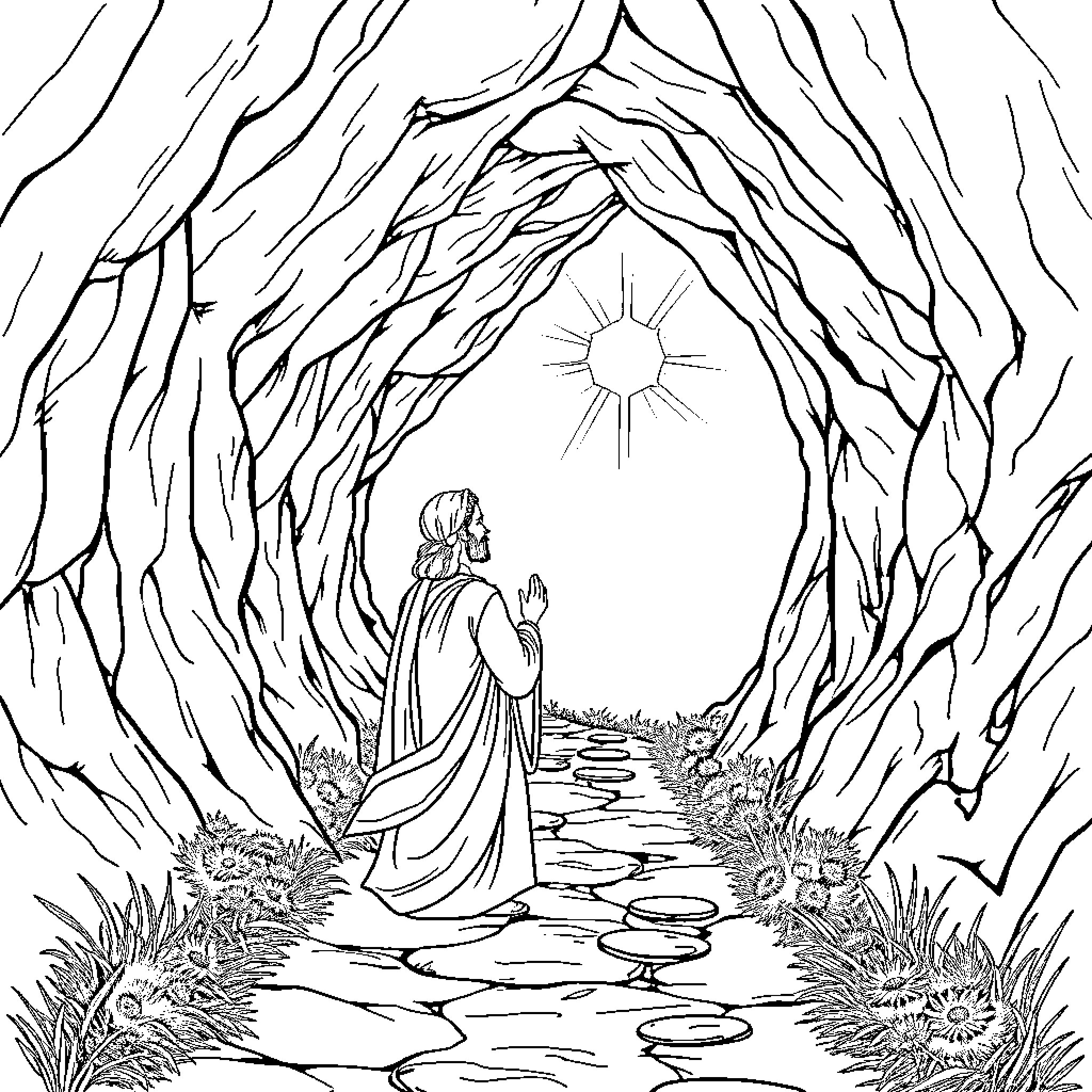Apostle praying in a divine forest landscape Coloring Page (free black-and-white line drawing printable PDF for all, from beginners to advanced learners, including children, teens, adults, and seniors)