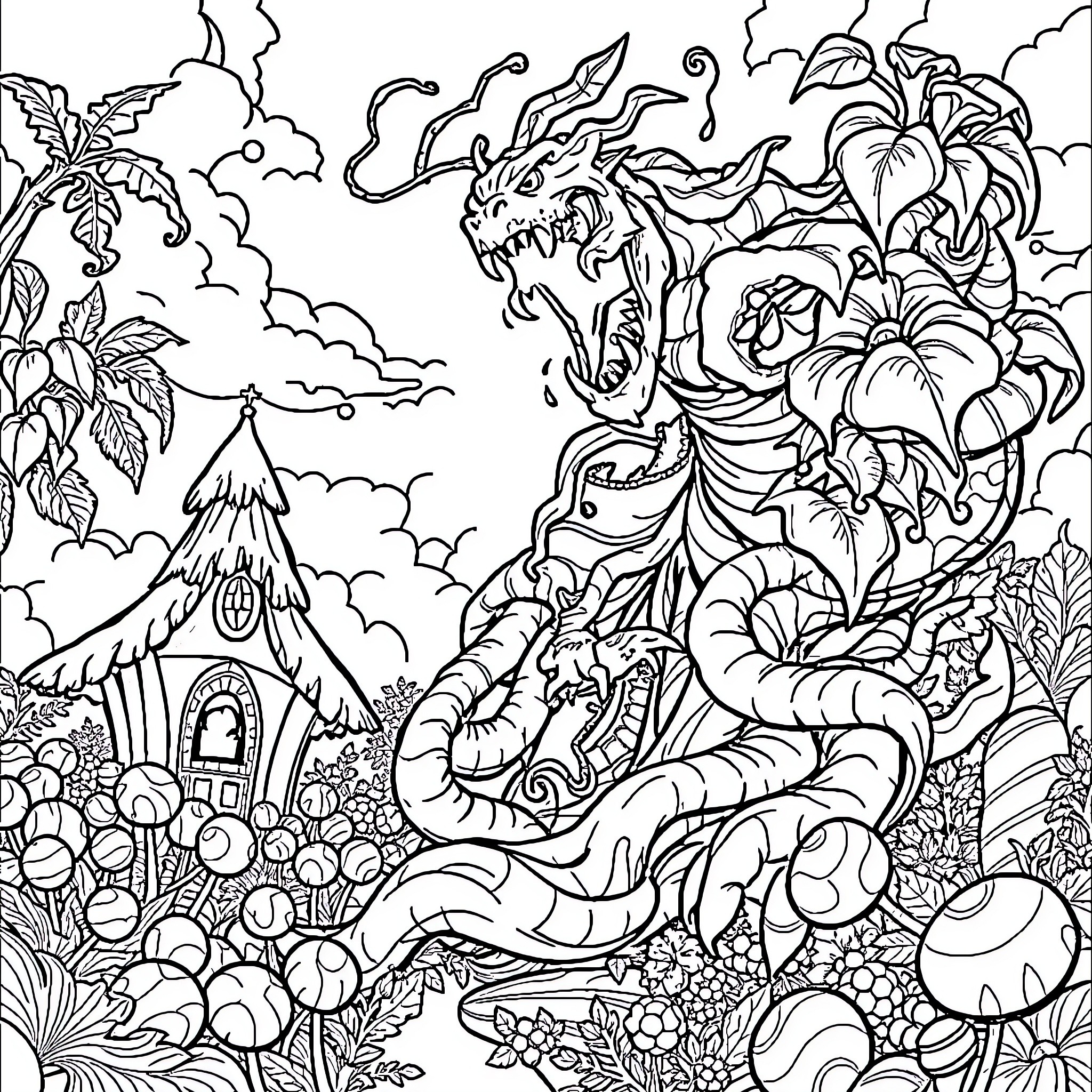 Plant Monster Unleashing Magical Powers in Enchanted Forest Coloring Page (free black-and-white line drawing printable PDF for all, from beginners to advanced learners, including children, teens, adults, and seniors)