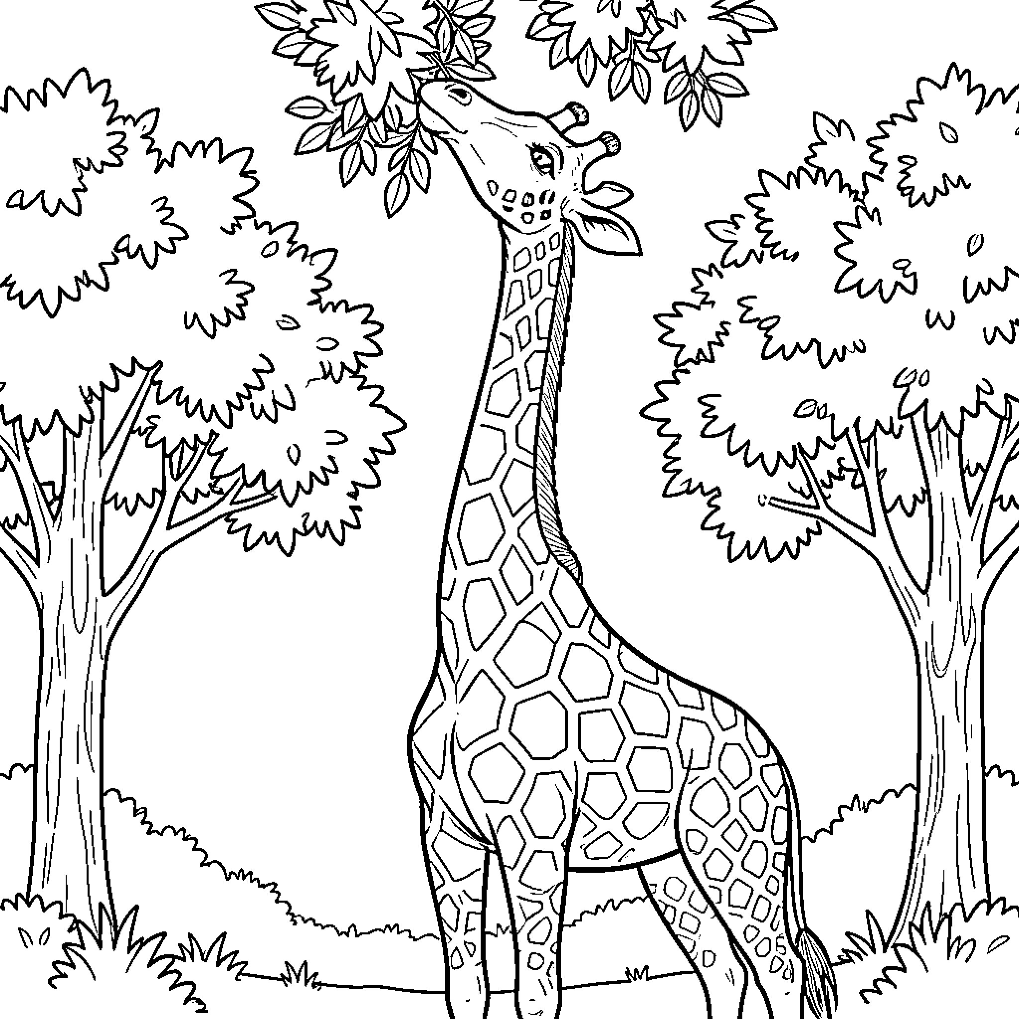 Giraffe eating leaves from a tall tree Coloring Page (free black-and-white line drawing printable PDF for all, from beginners to advanced learners, including children, teens, adults, and seniors)