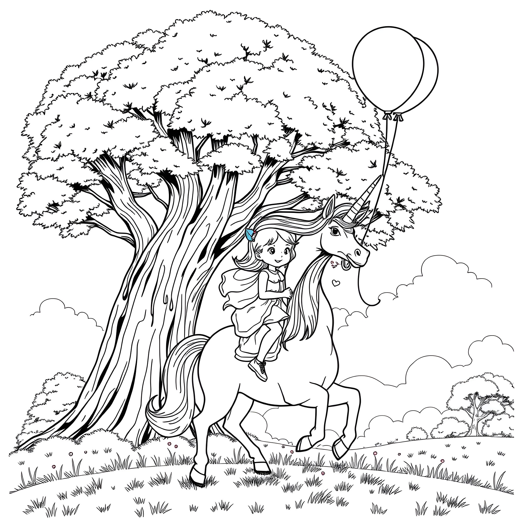 Girl riding a horse with a balloon in a park Coloring Page (free black-and-white line drawing printable PDF for all, from beginners to advanced learners, including children, teens, adults, and seniors)