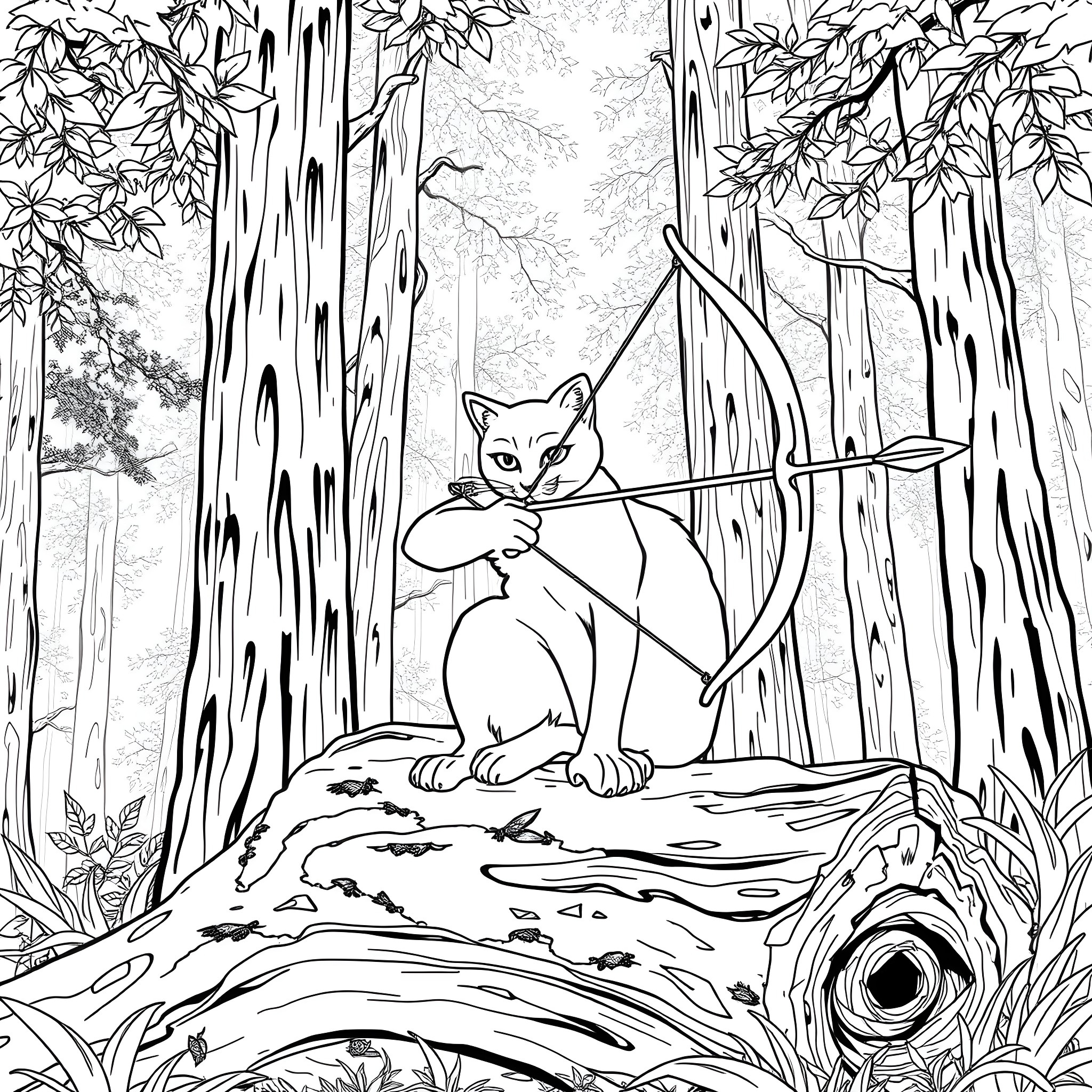 Cat archer in the forest Coloring Page (free black-and-white line drawing printable PDF for all, from beginners to advanced learners, including children, teens, adults, and seniors)