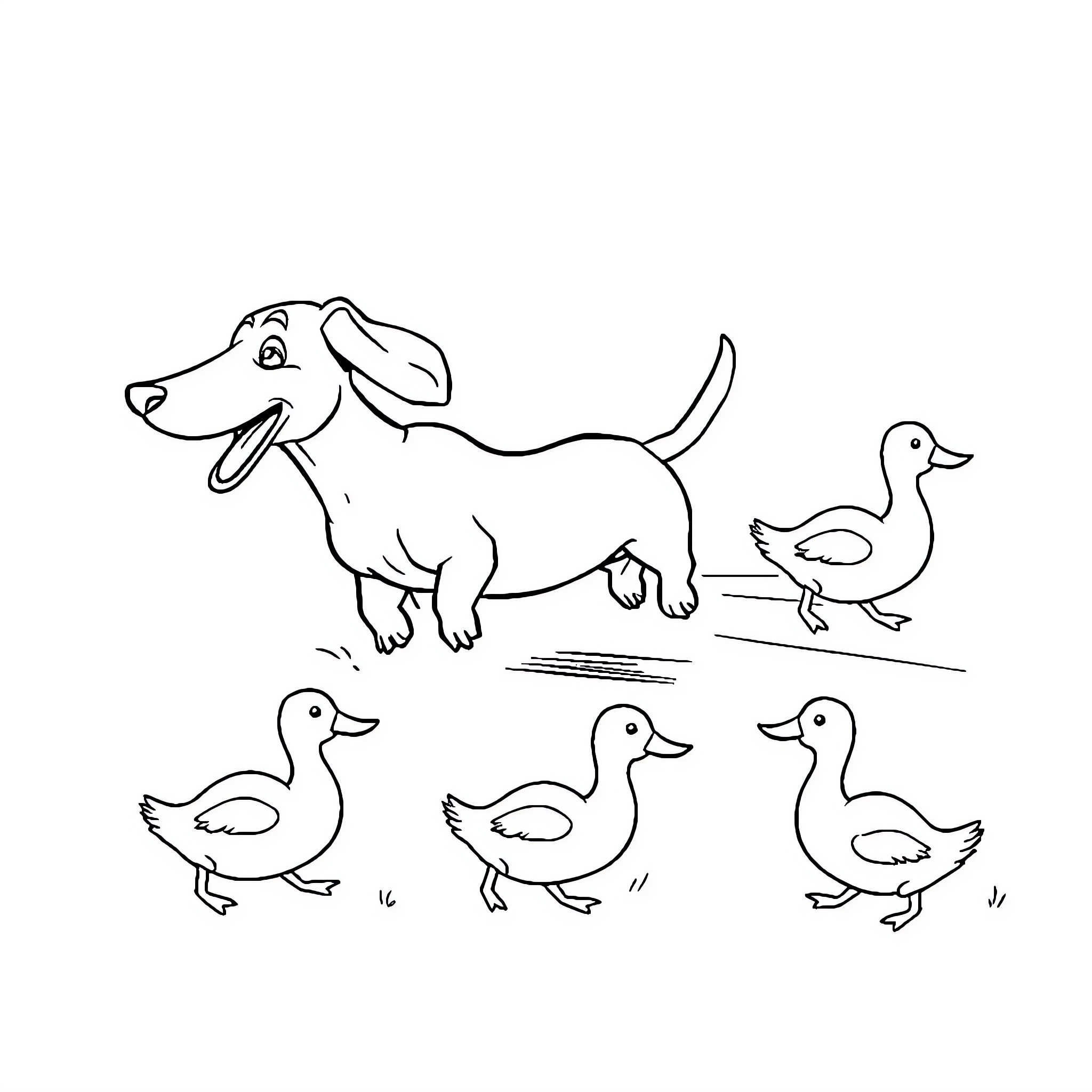 Dachshund chasing playful ducklings in the outdoors Coloring Page (free black-and-white line drawing printable PDF for all, from beginners to advanced learners, including children, teens, adults, and seniors)