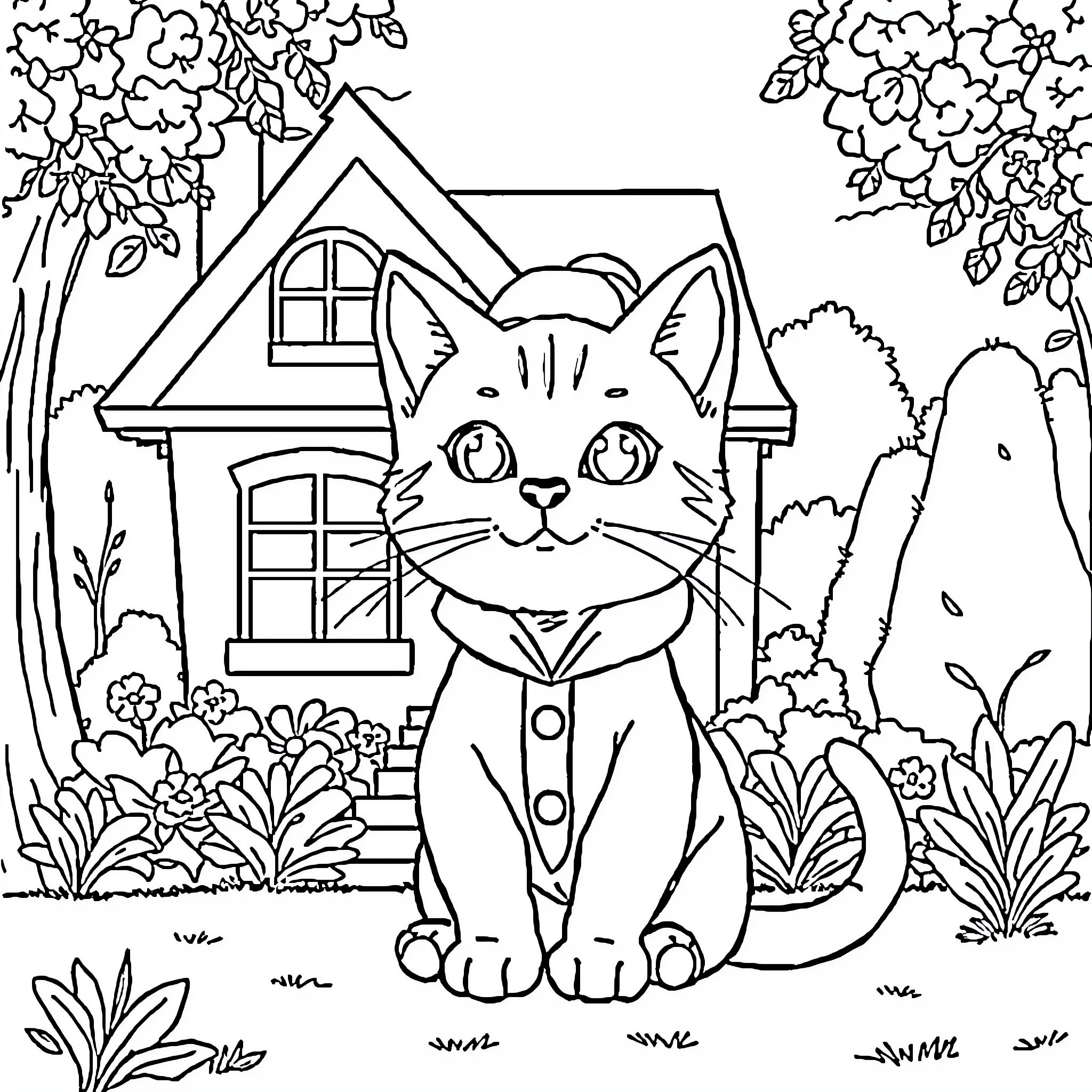 Cat playing in the garden near a house Coloring Page (free black-and-white line drawing printable PDF for all, from beginners to advanced learners, including children, teens, adults, and seniors)