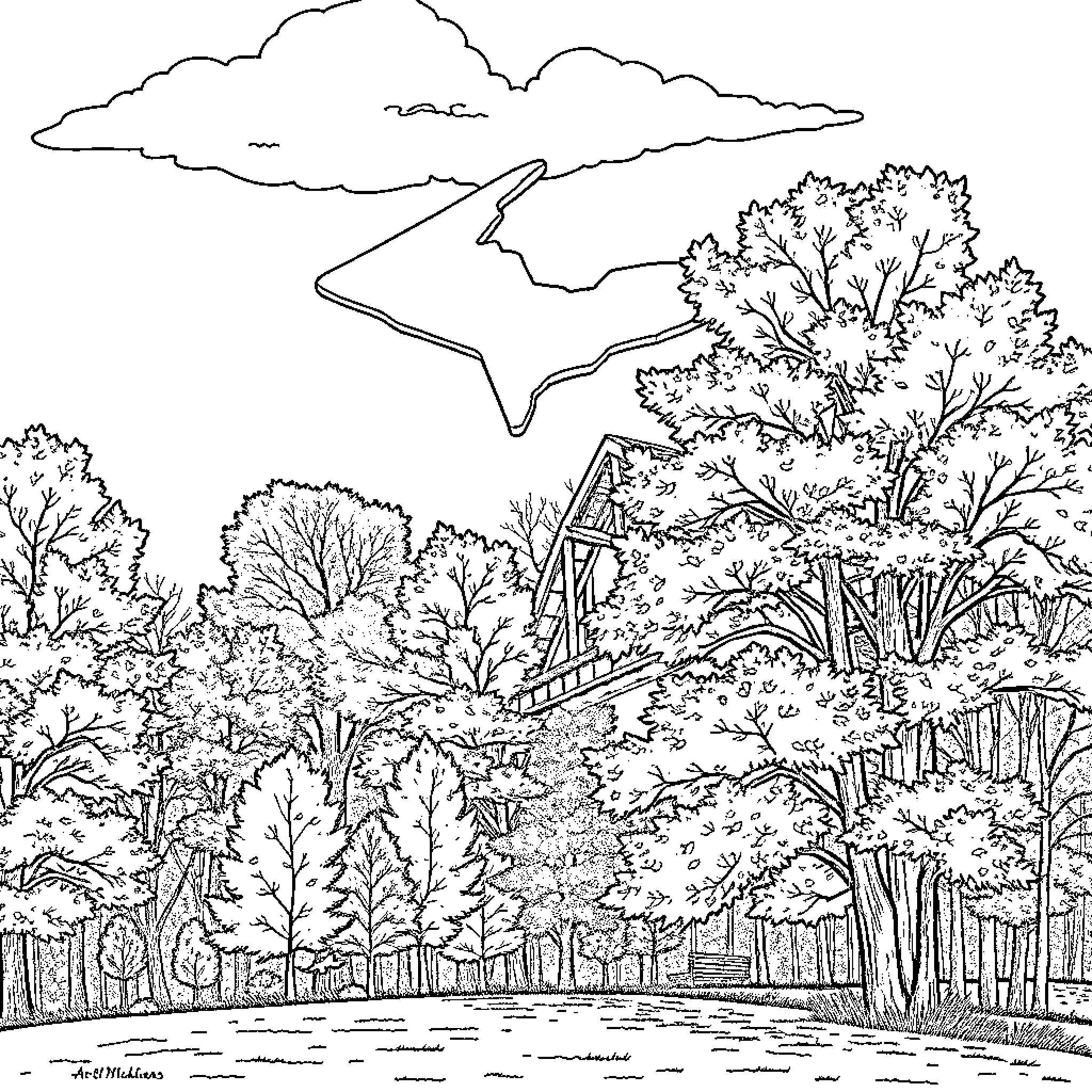 Michigan Landscape with Trees and Structures Coloring Page (free black-and-white line drawing printable PDF for all, from beginners to advanced learners, including children, teens, adults, and seniors)