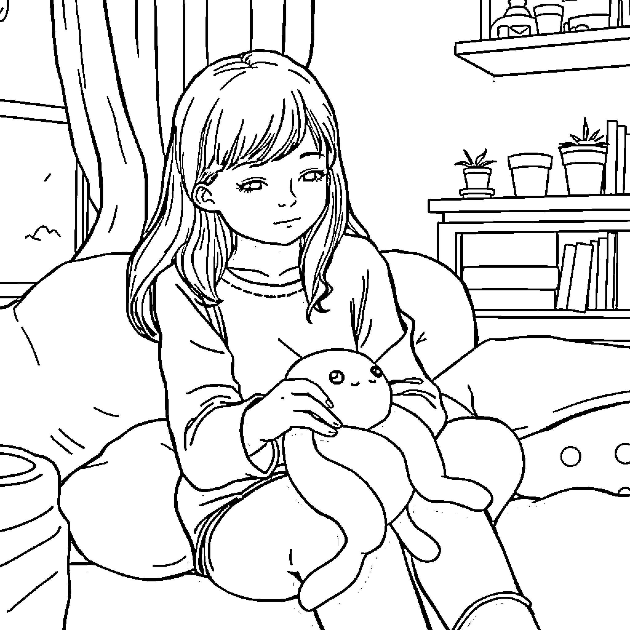 Girl relaxing with plush toy in cozy room Coloring Page (free black-and-white line drawing printable PDF for all, from beginners to advanced learners, including children, teens, adults, and seniors)