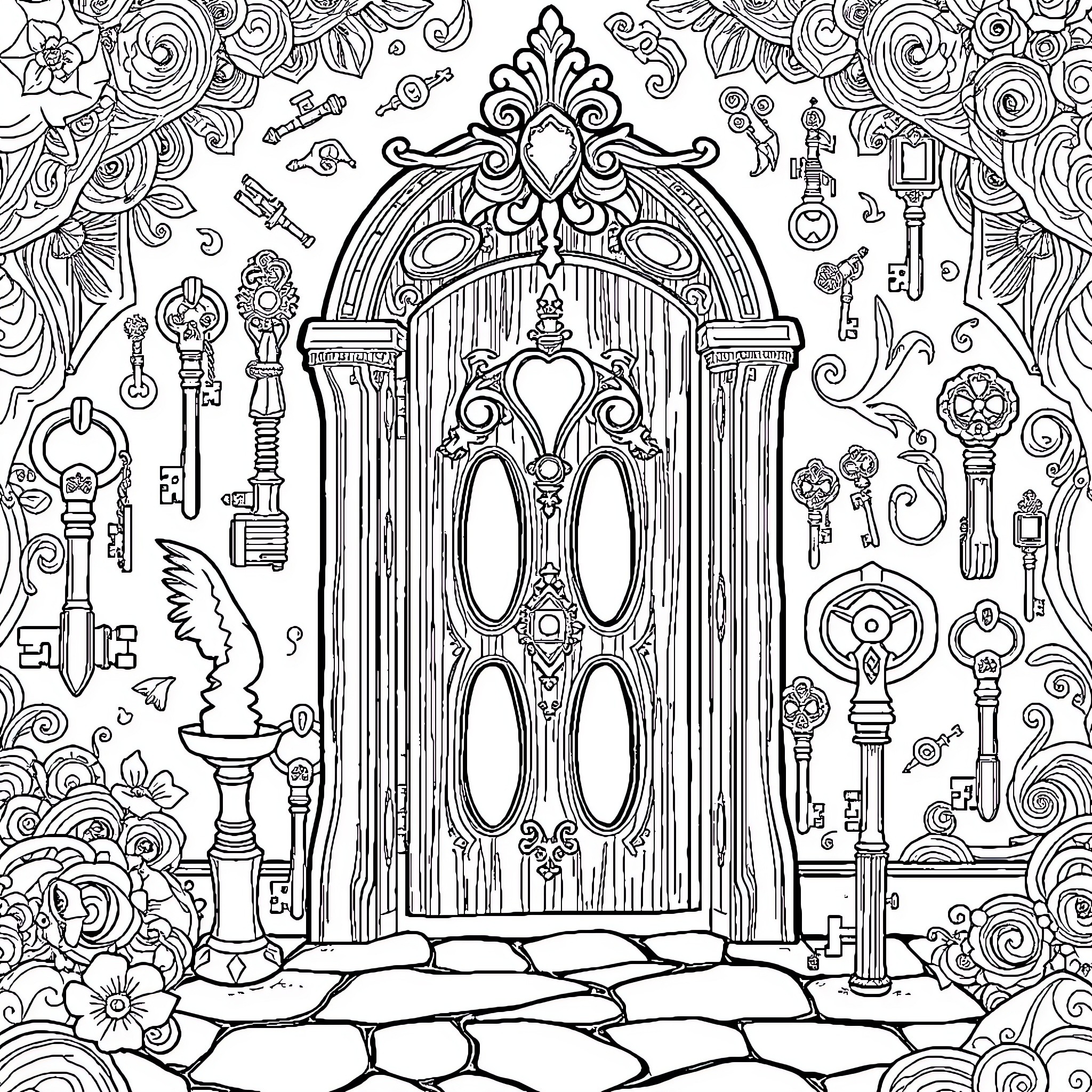 Lock Ornate Doorway with Intricate Patterns Coloring Page (free black-and-white line drawing printable PDF for all, from beginners to advanced learners, including children, teens, adults, and seniors)