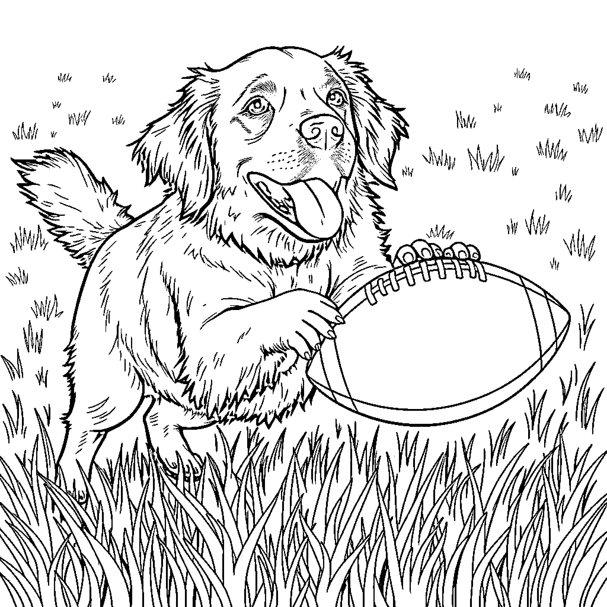 Golden Retriever playing with football in the park Coloring Page (free black-and-white line drawing printable PDF for all, from beginners to advanced learners, including children, teens, adults, and seniors)