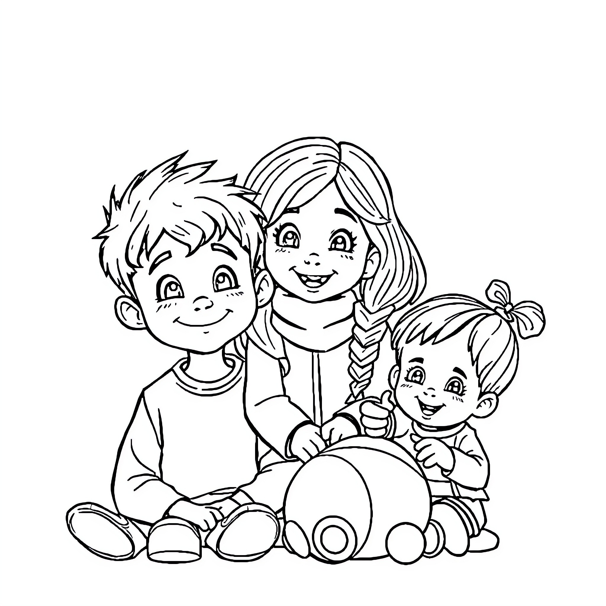 Child friends playing together with toys Coloring Page (free black-and-white line drawing printable PDF for all, from beginners to advanced learners, including children, teens, adults, and seniors)