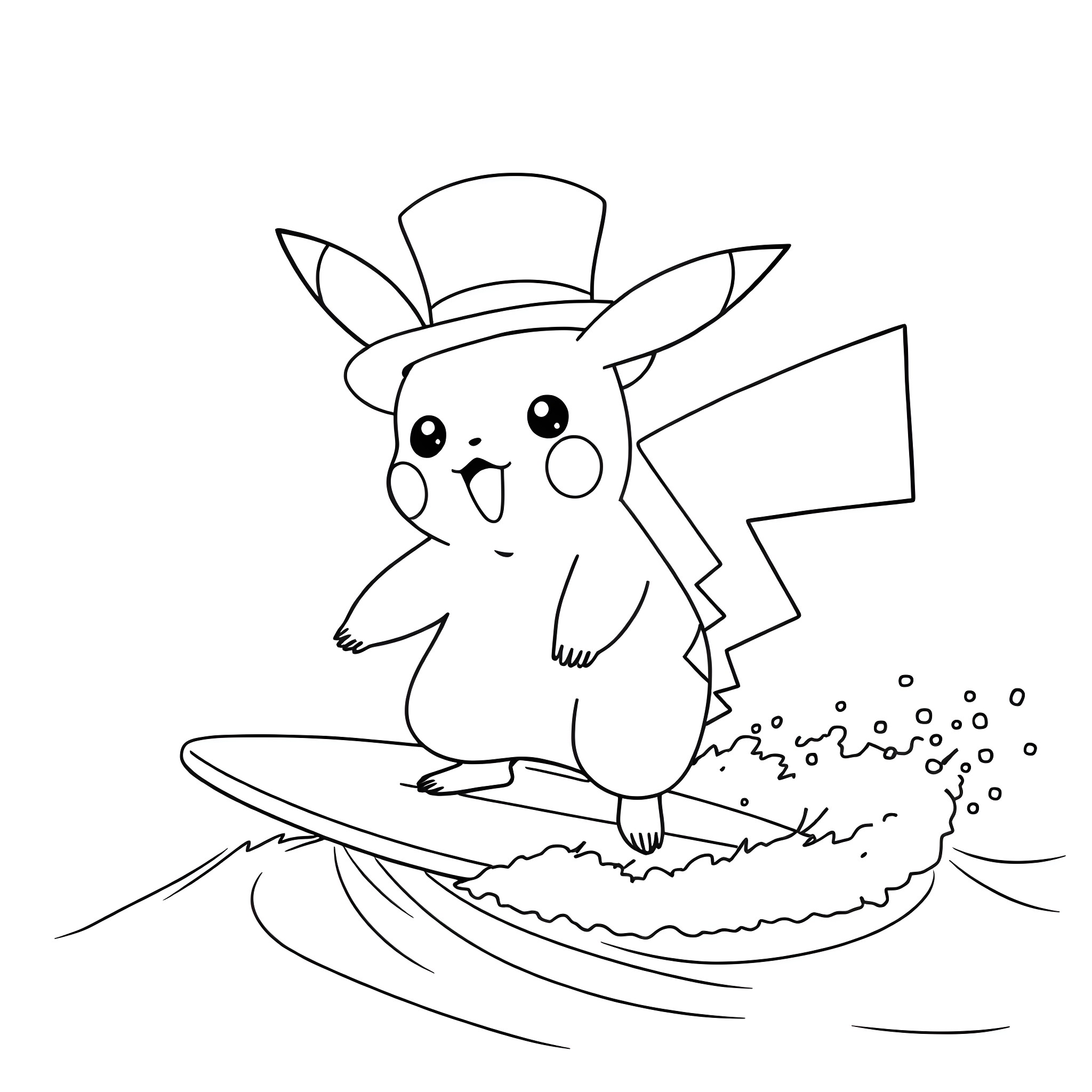 Pikachu surfing on a wave Coloring Page (free black-and-white line drawing printable PDF for all, from beginners to advanced learners, including children, teens, adults, and seniors)