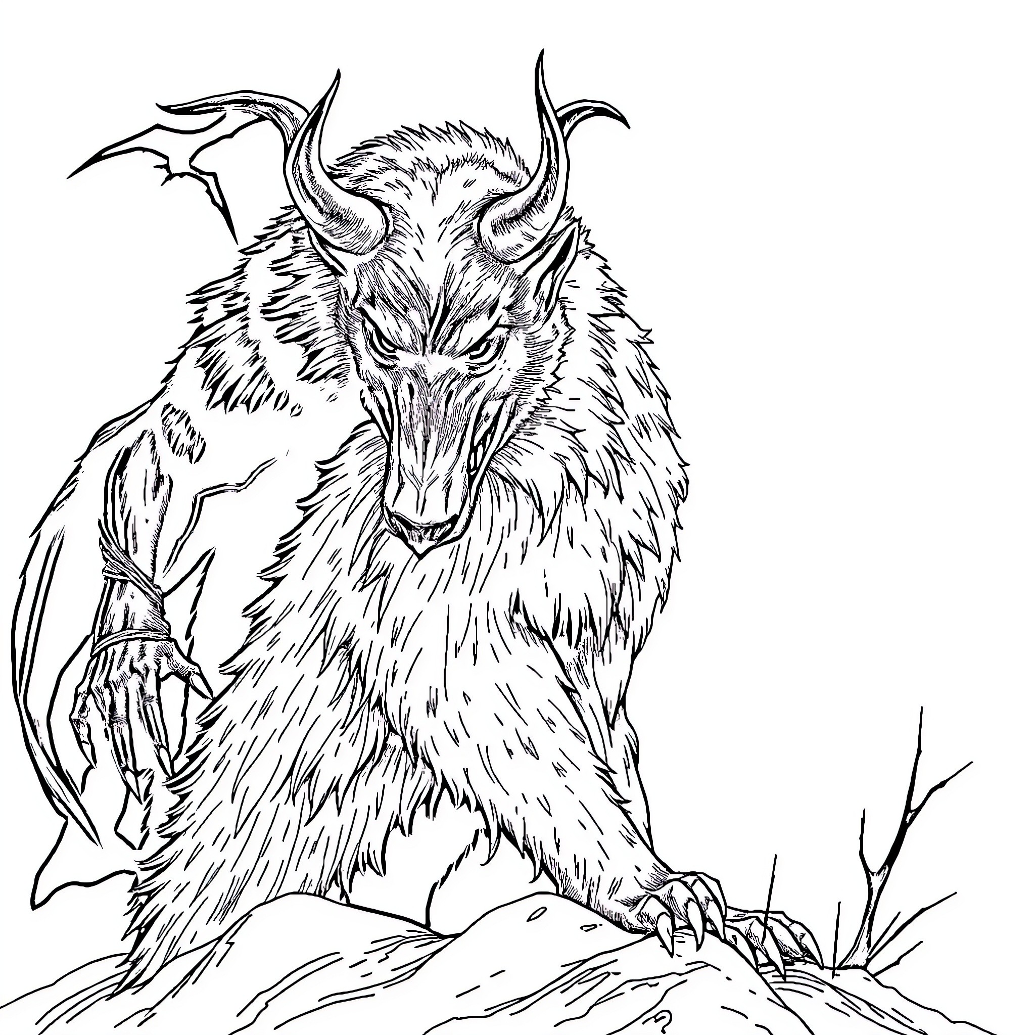 Werewolf howling in the moonlight Coloring Page (free black-and-white line drawing printable PDF for all, from beginners to advanced learners, including children, teens, adults, and seniors)