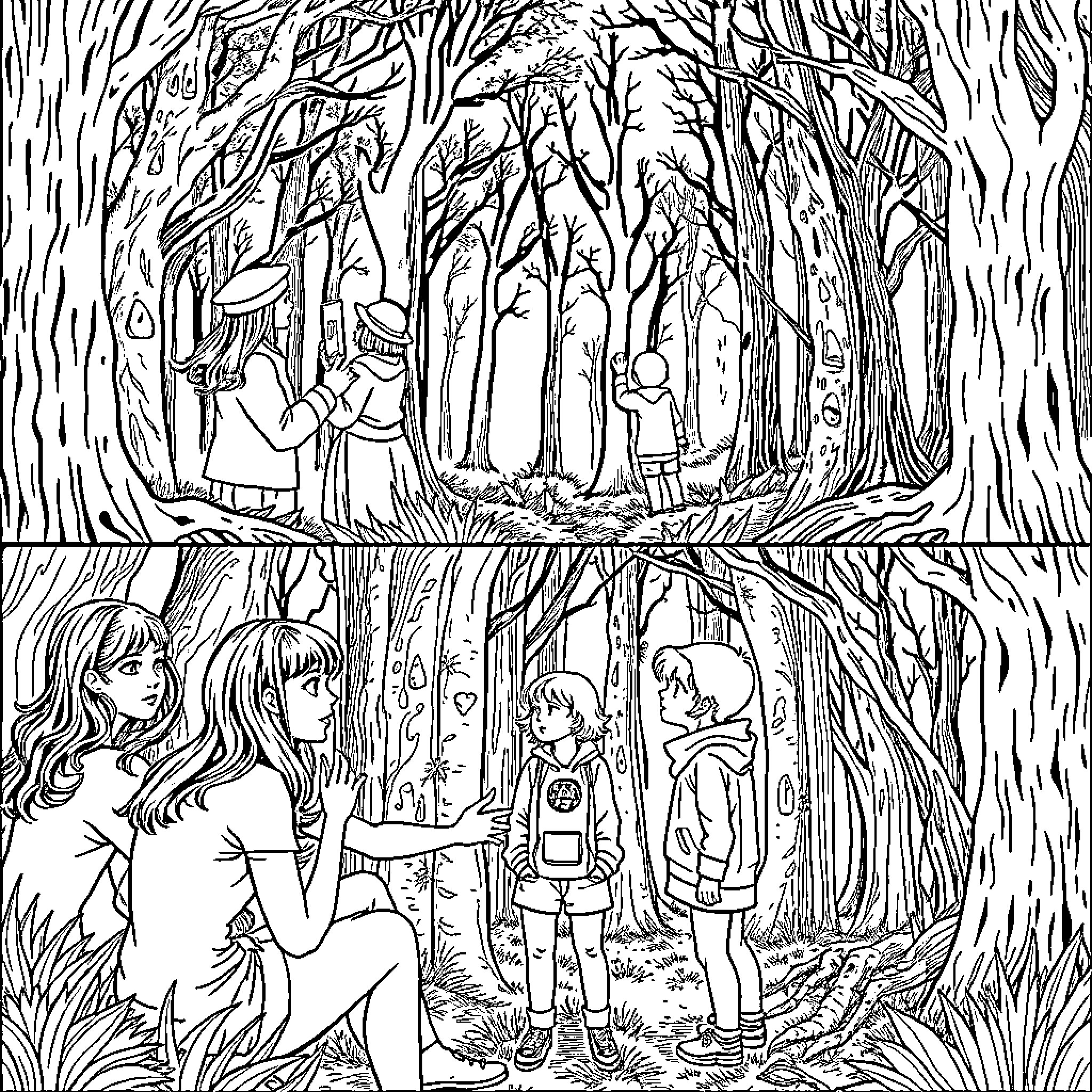 Gossip Girl in a Magical Woodland Encounter Coloring Page (free black-and-white line drawing printable PDF for all, from beginners to advanced learners, including children, teens, adults, and seniors)