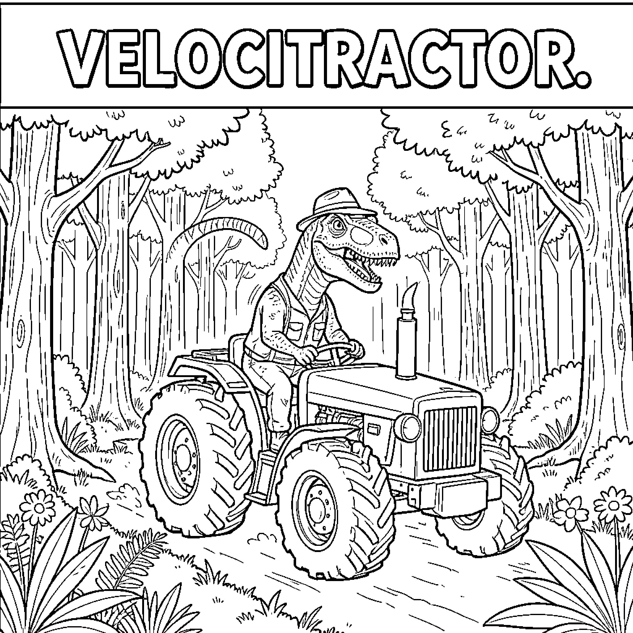 Velociraptor driving a tractor through a forest Coloring Page (free black-and-white line drawing printable PDF for all, from beginners to advanced learners, including children, teens, adults, and seniors)