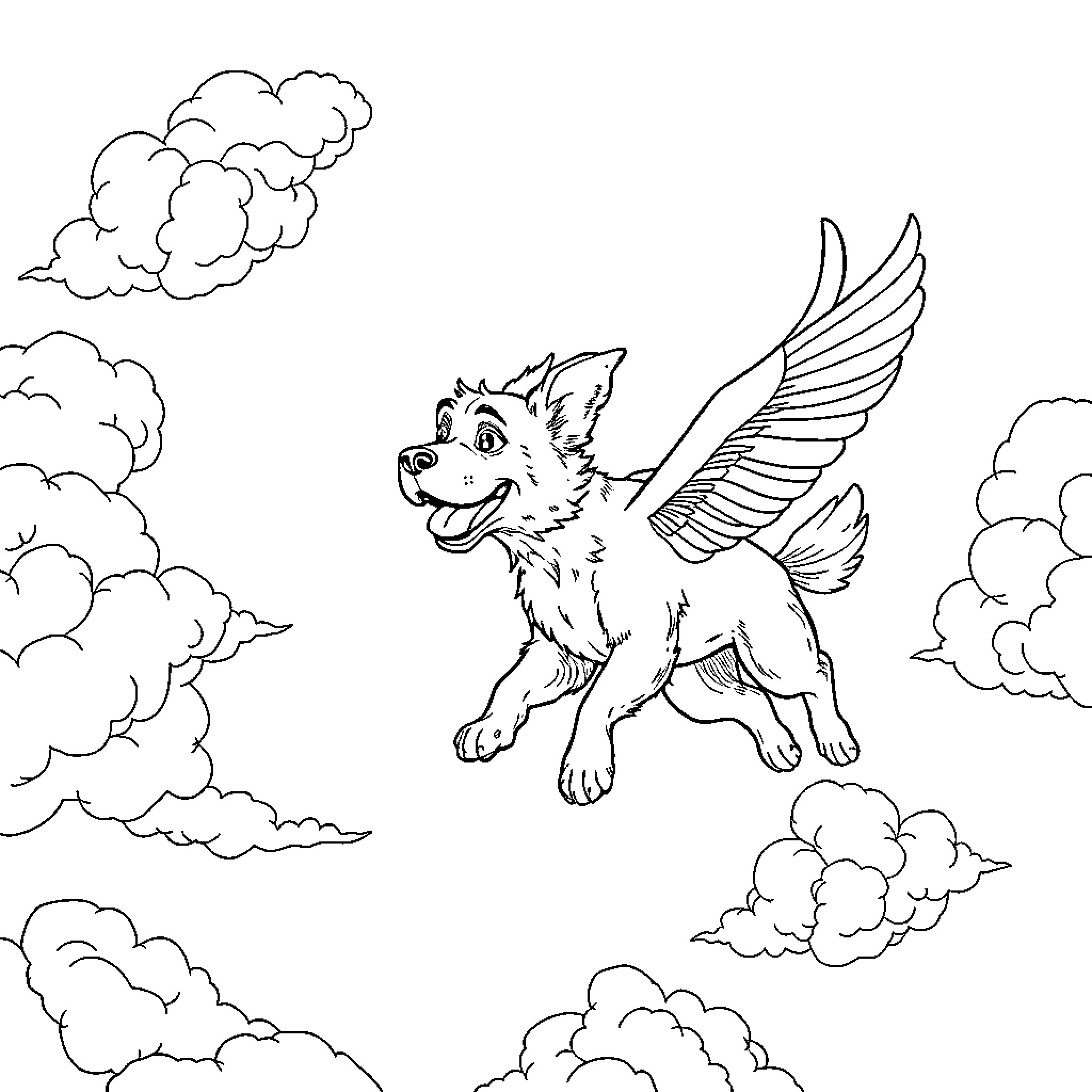 Flying Dog Soaring Through the Clouds Coloring Page (free black-and-white line drawing printable PDF for all, from beginners to advanced learners, including children, teens, adults, and seniors)