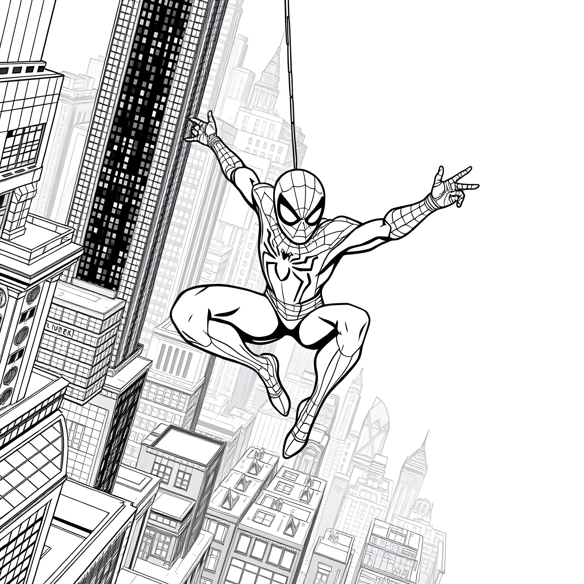 Spiderman swinging through the city skyline Coloring Page (free black-and-white line drawing printable PDF for all, from beginners to advanced learners, including children, teens, adults, and seniors)