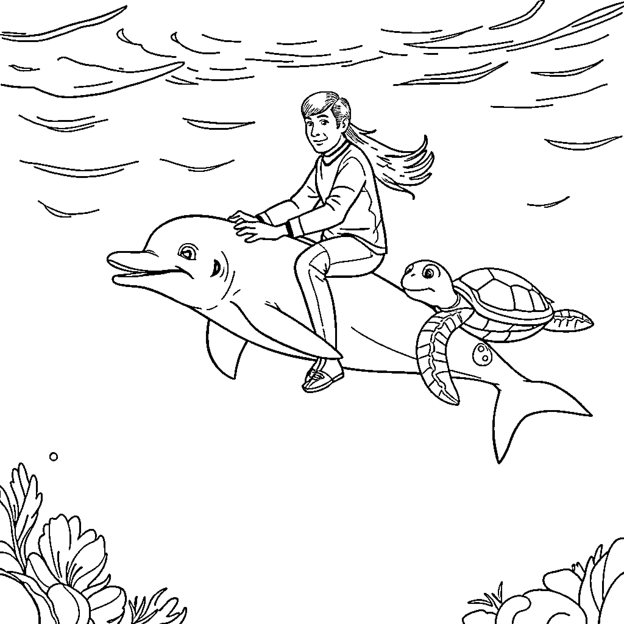 Charlie Kirk interacts with marine creatures in the ocean Coloring Page (free black-and-white line drawing printable PDF for all, from beginners to advanced learners, including children, teens, adults, and seniors)