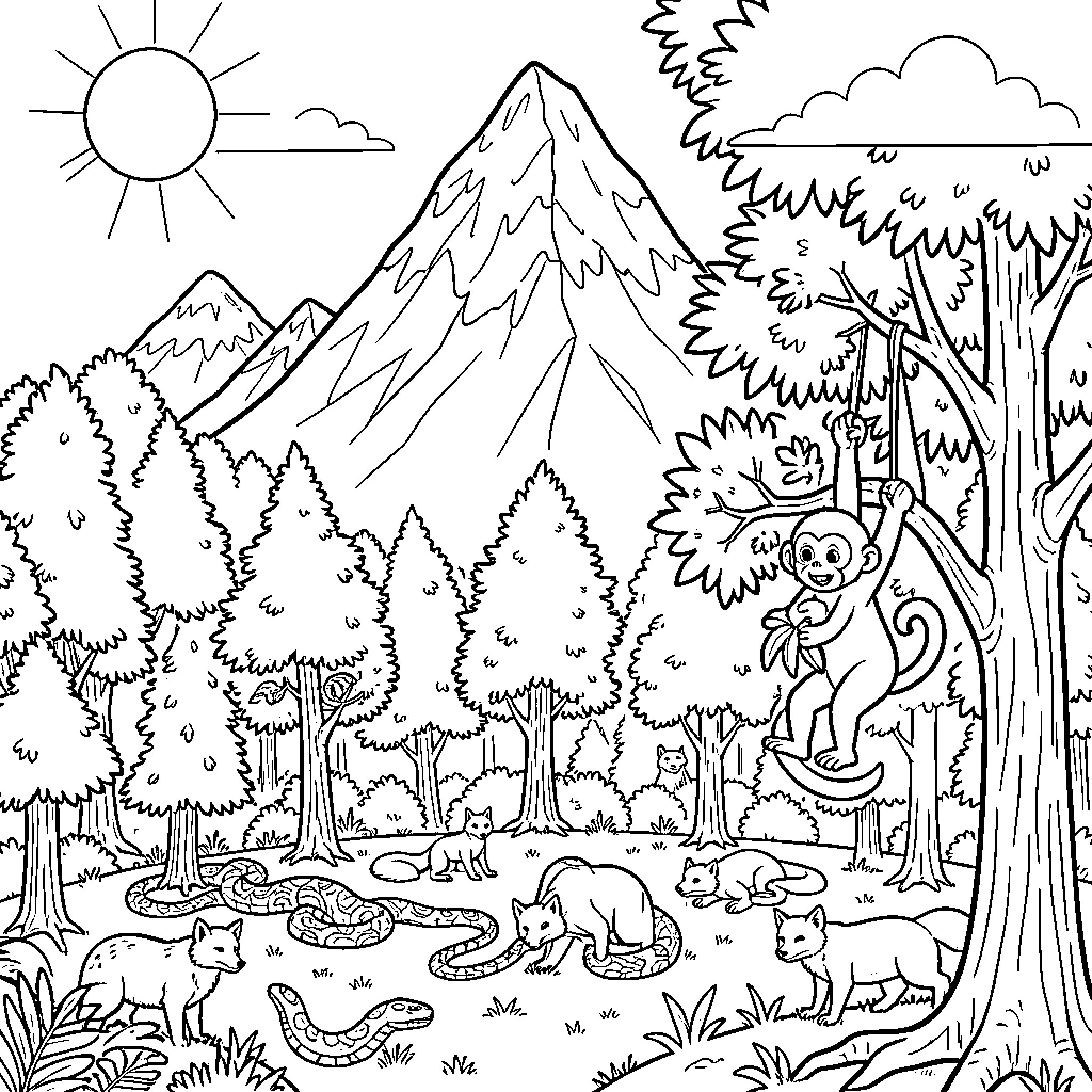 Monkey swinging on a vine in the jungle Coloring Page (free black-and-white line drawing printable PDF for all, from beginners to advanced learners, including children, teens, adults, and seniors)
