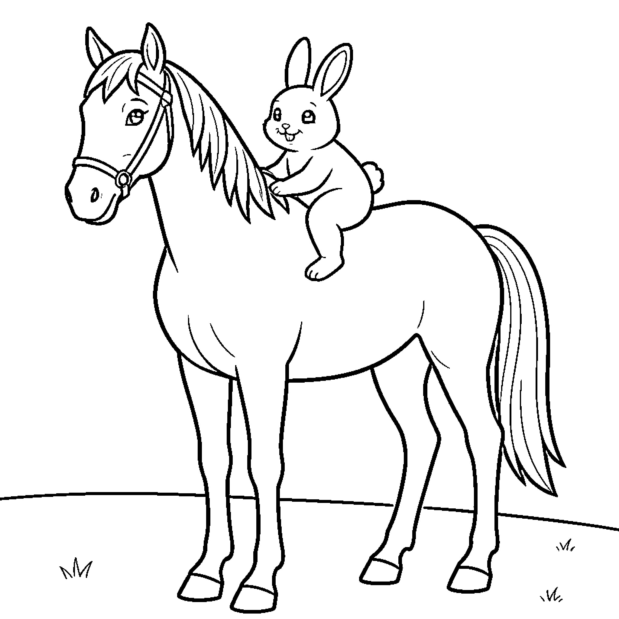Rabbit riding a playful horse Coloring Page (free black-and-white line drawing printable PDF for all, from beginners to advanced learners, including children, teens, adults, and seniors)
