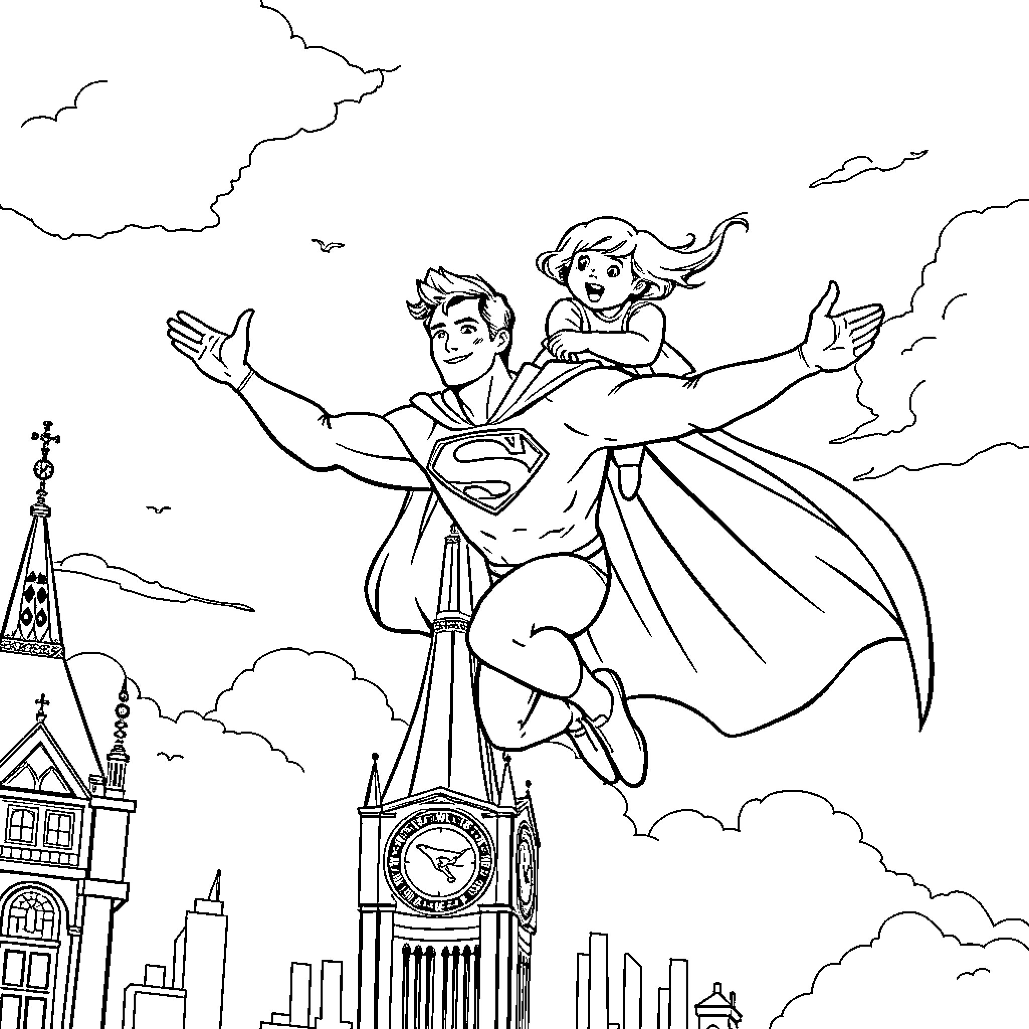 Superman soaring with a woman in the sky Coloring Page (free black-and-white line drawing printable PDF for all, from beginners to advanced learners, including children, teens, adults, and seniors)