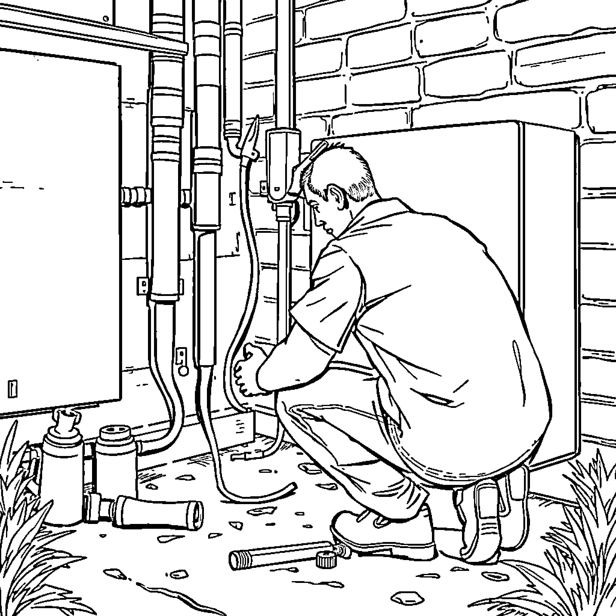 Man inspecting plumbing system in industrial setting Coloring Page (free black-and-white line drawing printable PDF for all, from beginners to advanced learners, including children, teens, adults, and seniors)