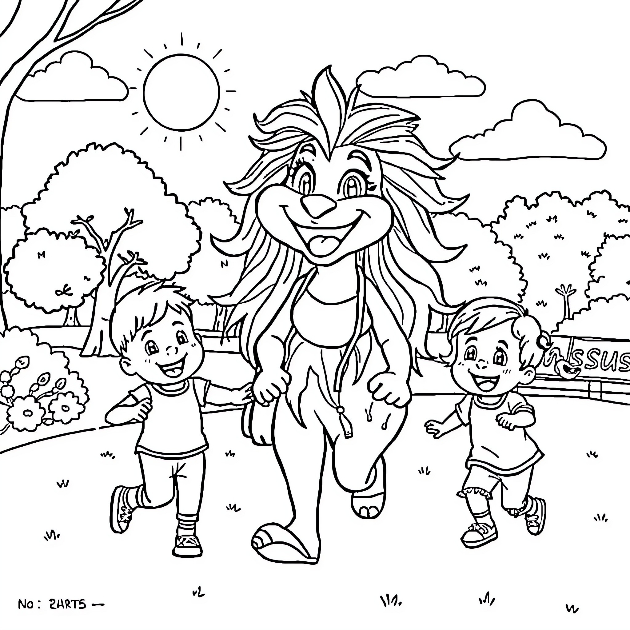 Momster having fun with cheerful children in the park Coloring Page (free black-and-white line drawing printable PDF for all, from beginners to advanced learners, including children, teens, adults, and seniors)