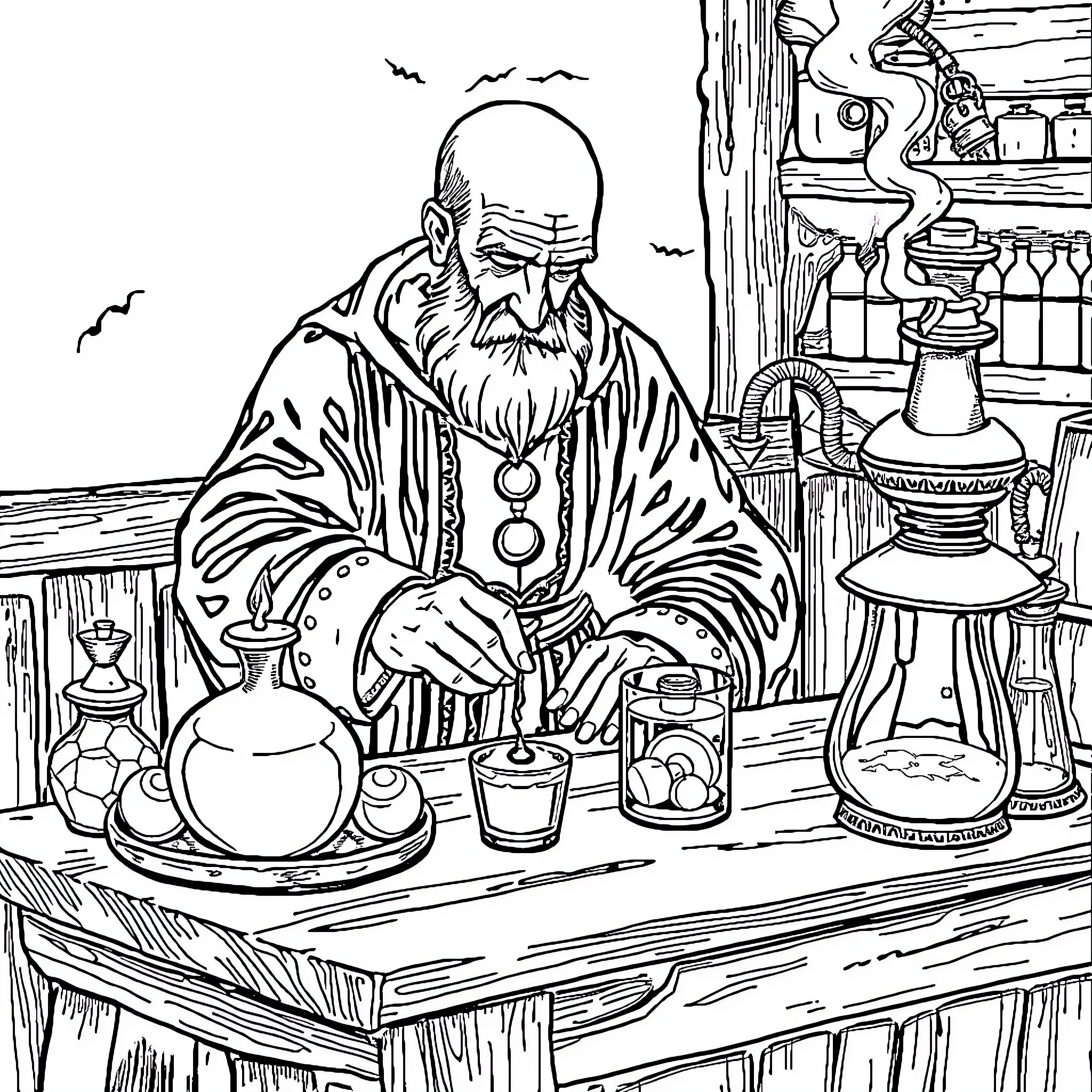 Alchemist Engrossed in Magical Experiments and Potions Coloring Page (free black-and-white line drawing printable PDF for all, from beginners to advanced learners, including children, teens, adults, and seniors)