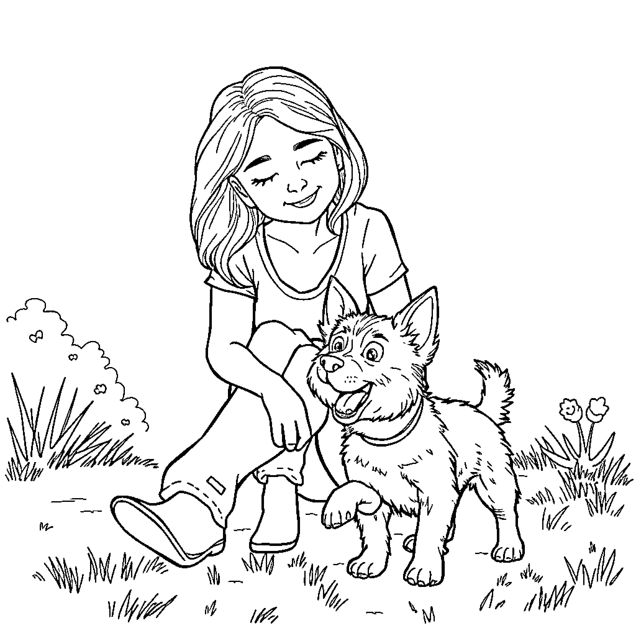 Dog and Girl Playing in the Park Coloring Page (free black-and-white line drawing printable PDF for all, from beginners to advanced learners, including children, teens, adults, and seniors)