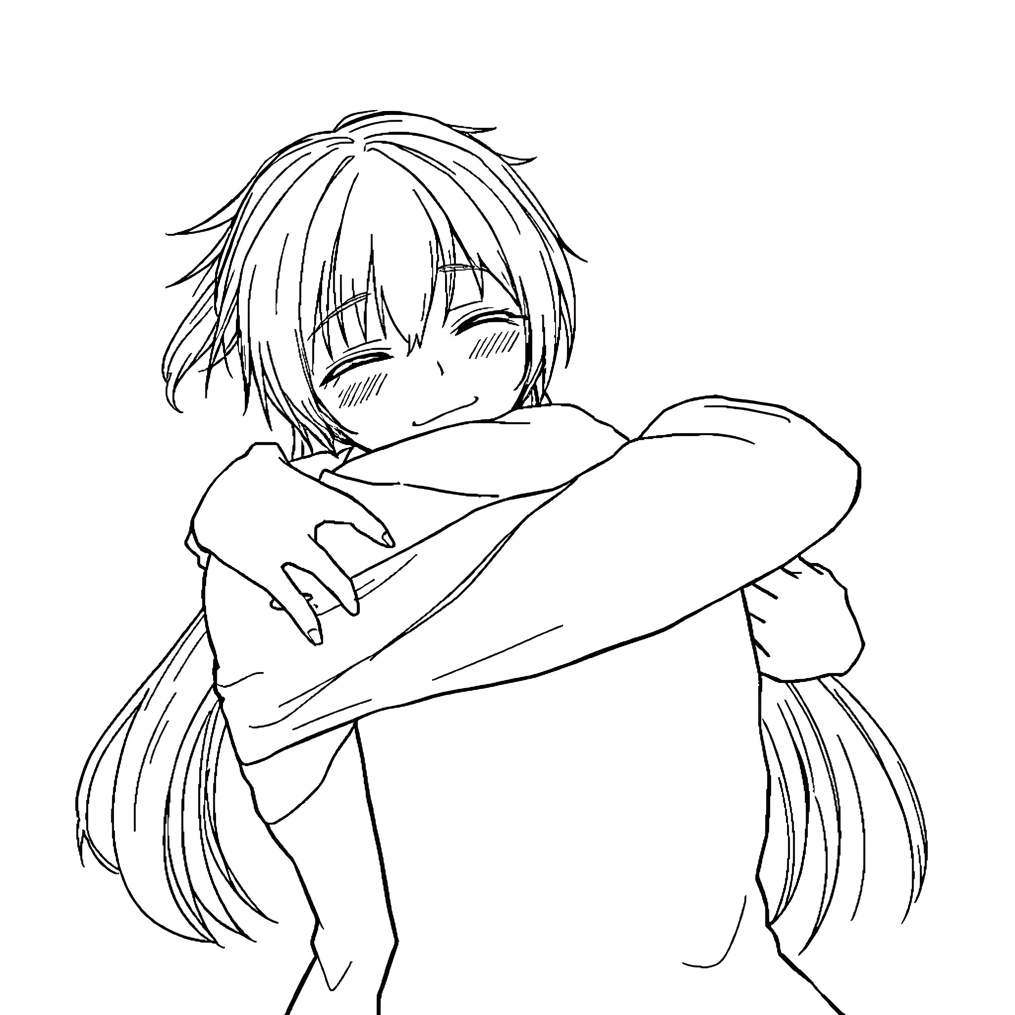 Nanami embracing themselves in solace Coloring Page (free black-and-white line drawing printable PDF for all, from beginners to advanced learners, including children, teens, adults, and seniors)