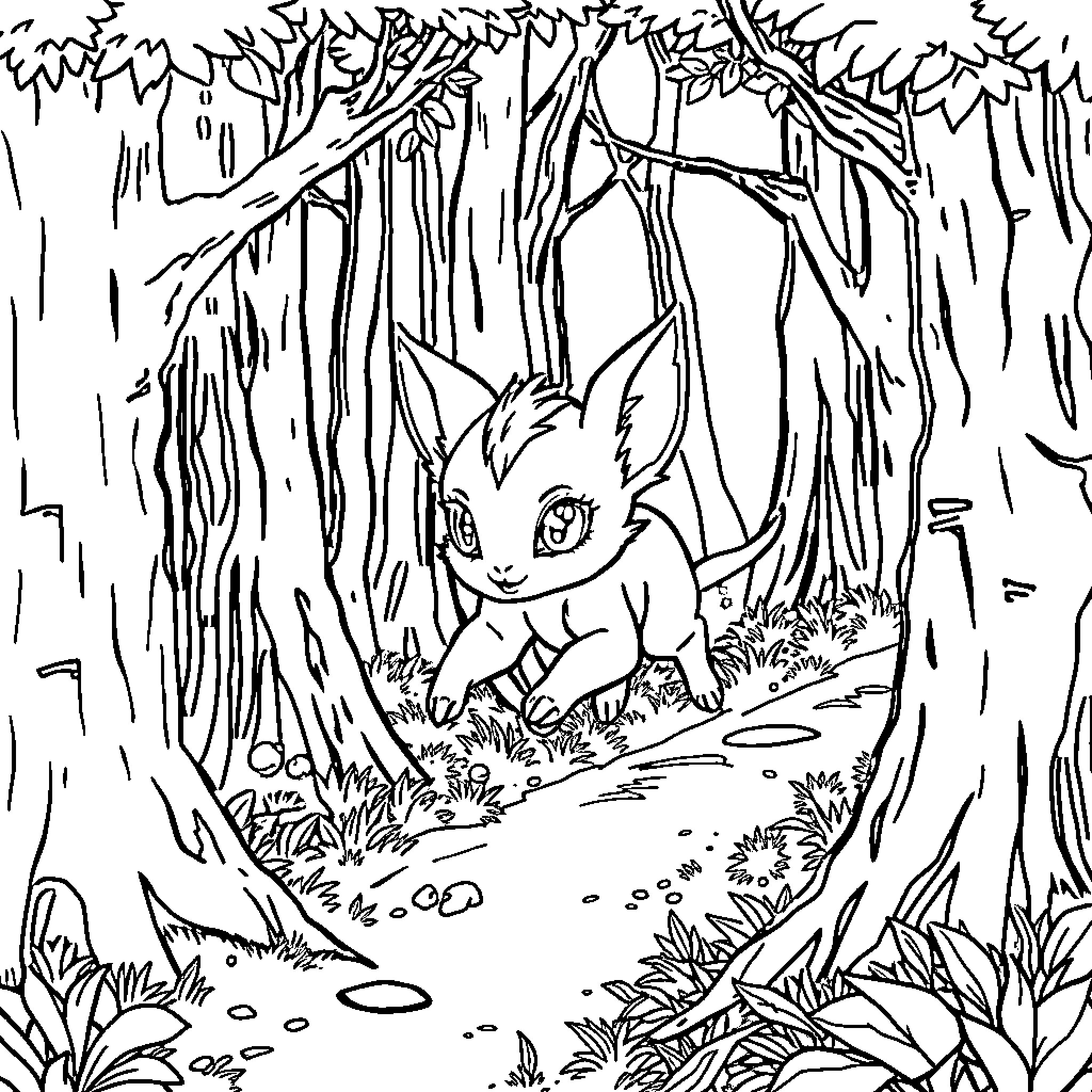 Whick creature exploring mysterious forest scenery Coloring Page (free black-and-white line drawing printable PDF for all, from beginners to advanced learners, including children, teens, adults, and seniors)