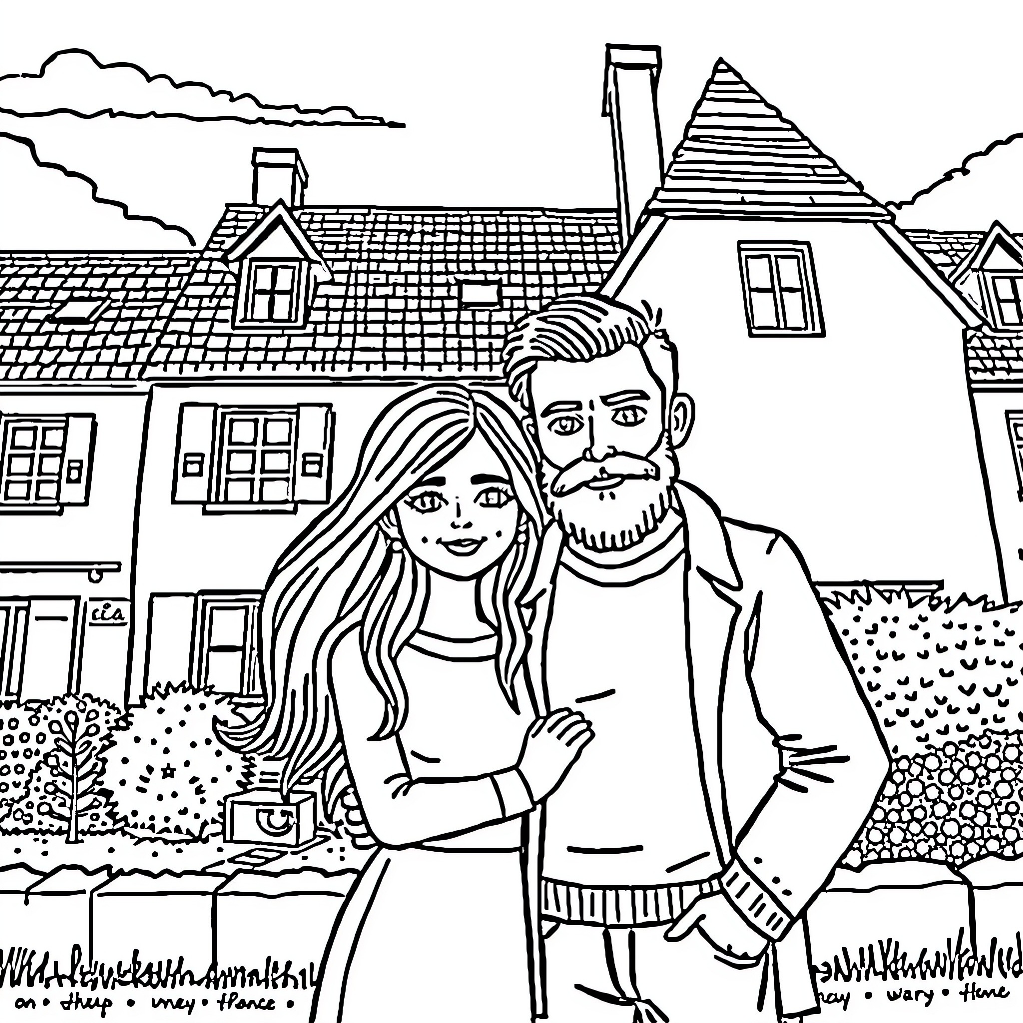 Couple enjoying a scenic town with cottages Coloring Page (free black-and-white line drawing printable PDF for all, from beginners to advanced learners, including children, teens, adults, and seniors)