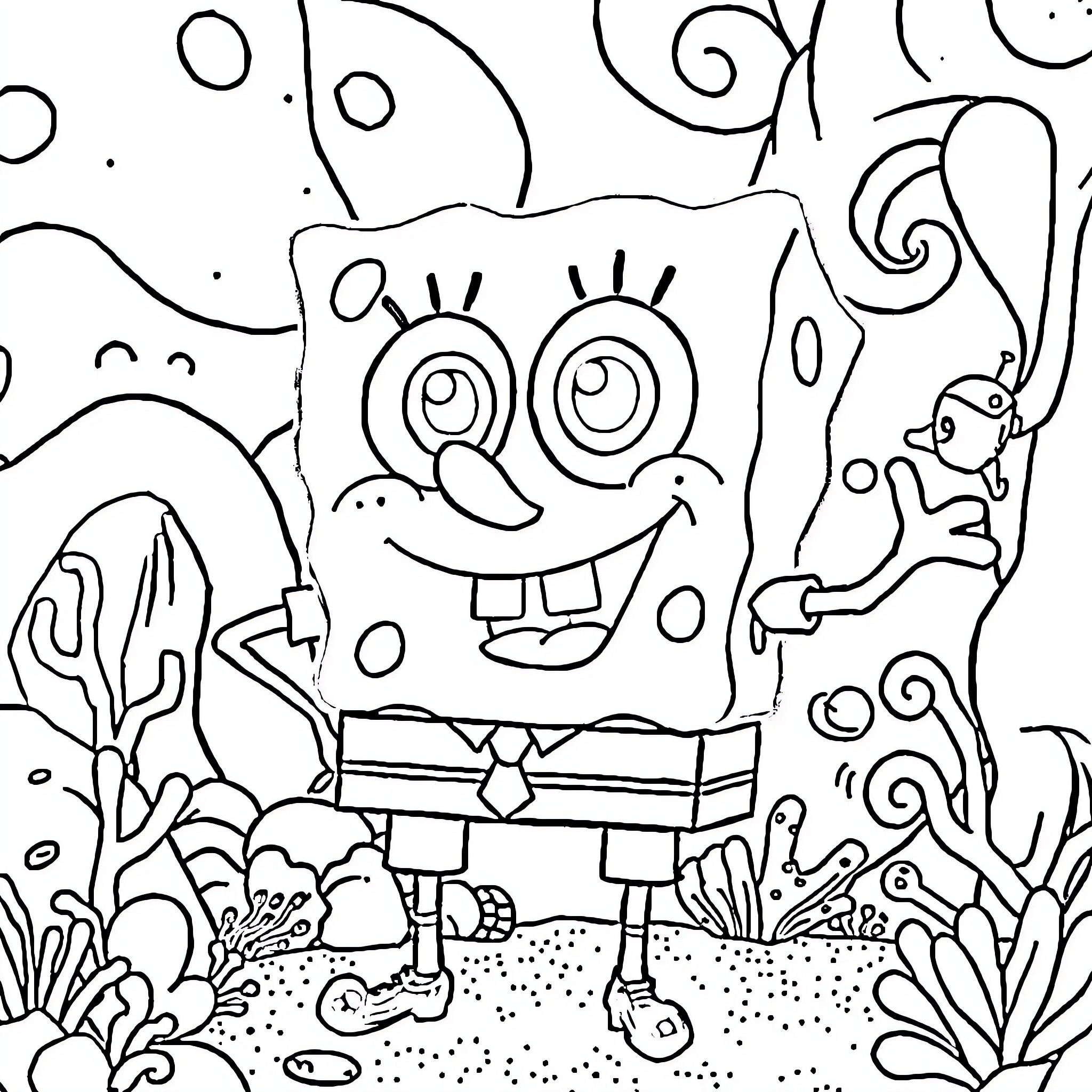 Spongebob in a whimsical underwater scene Coloring Page (free black-and-white line drawing printable PDF for all, from beginners to advanced learners, including children, teens, adults, and seniors)