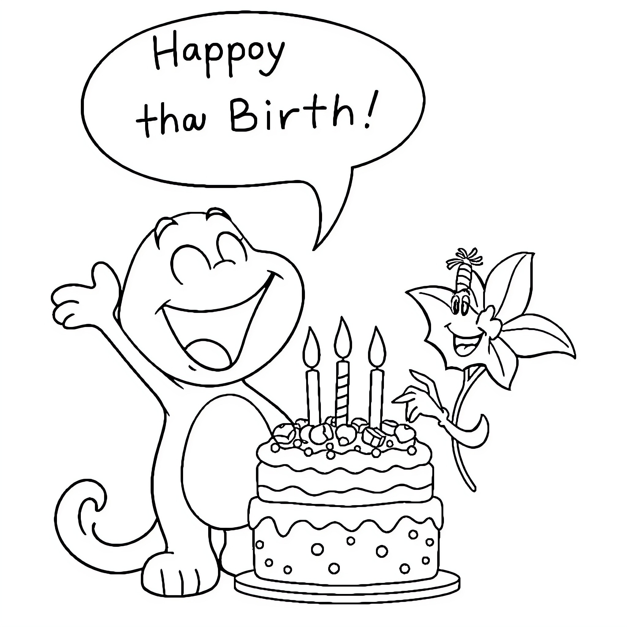 Bluey celebrates a happy birthday with cake and flowers Coloring Page (free black-and-white line drawing printable PDF for all, from beginners to advanced learners, including children, teens, adults, and seniors)