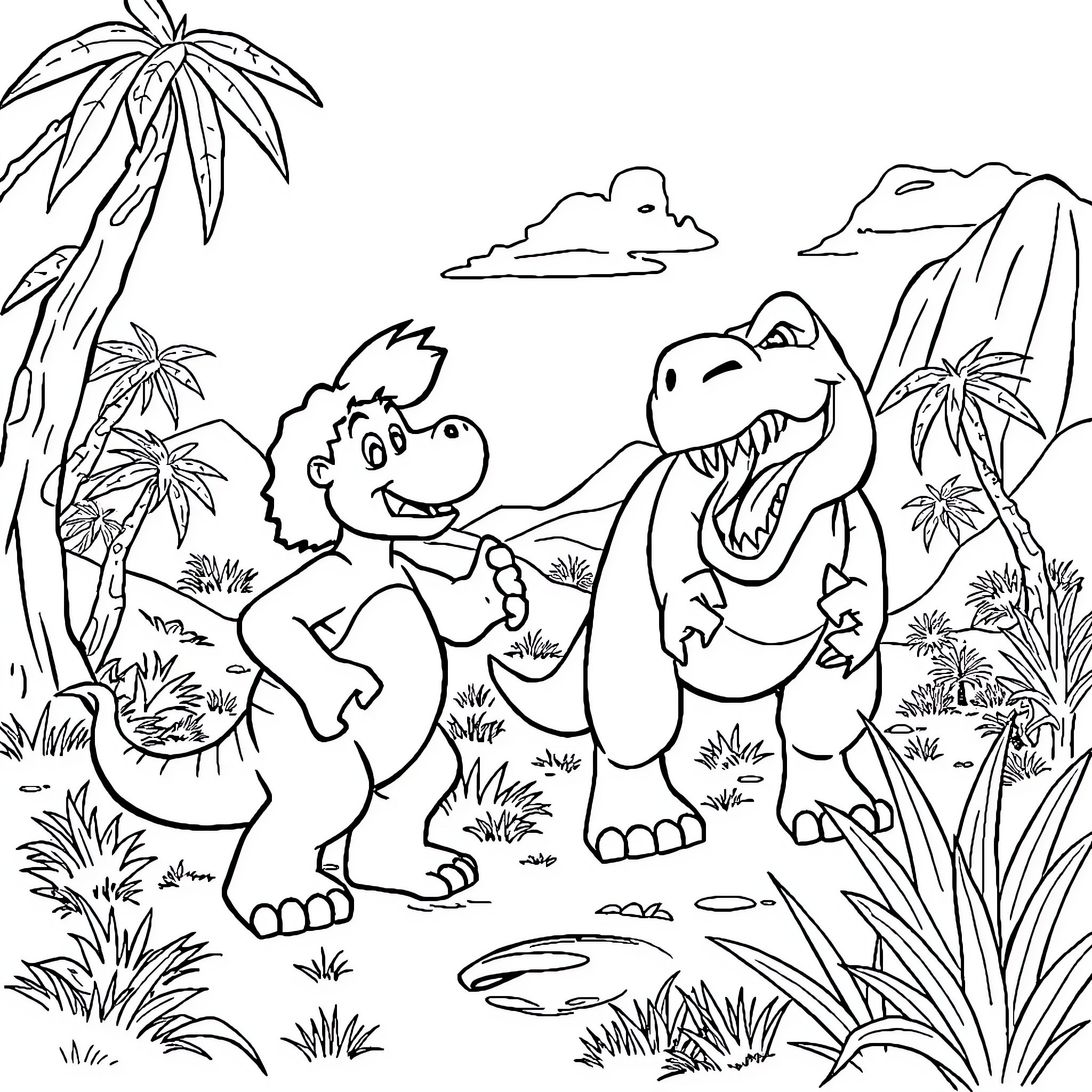 Little Foot explores the prehistoric landscape with friendly dinosaurs Coloring Page (free black-and-white line drawing printable PDF for all, from beginners to advanced learners, including children, teens, adults, and seniors)