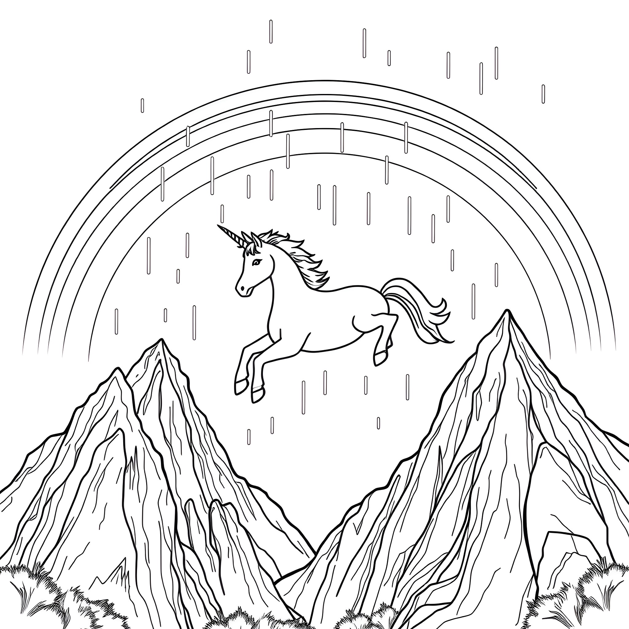 Unicorn leaping through a starry night sky Coloring Page (free black-and-white line drawing printable PDF for all, from beginners to advanced learners, including children, teens, adults, and seniors)