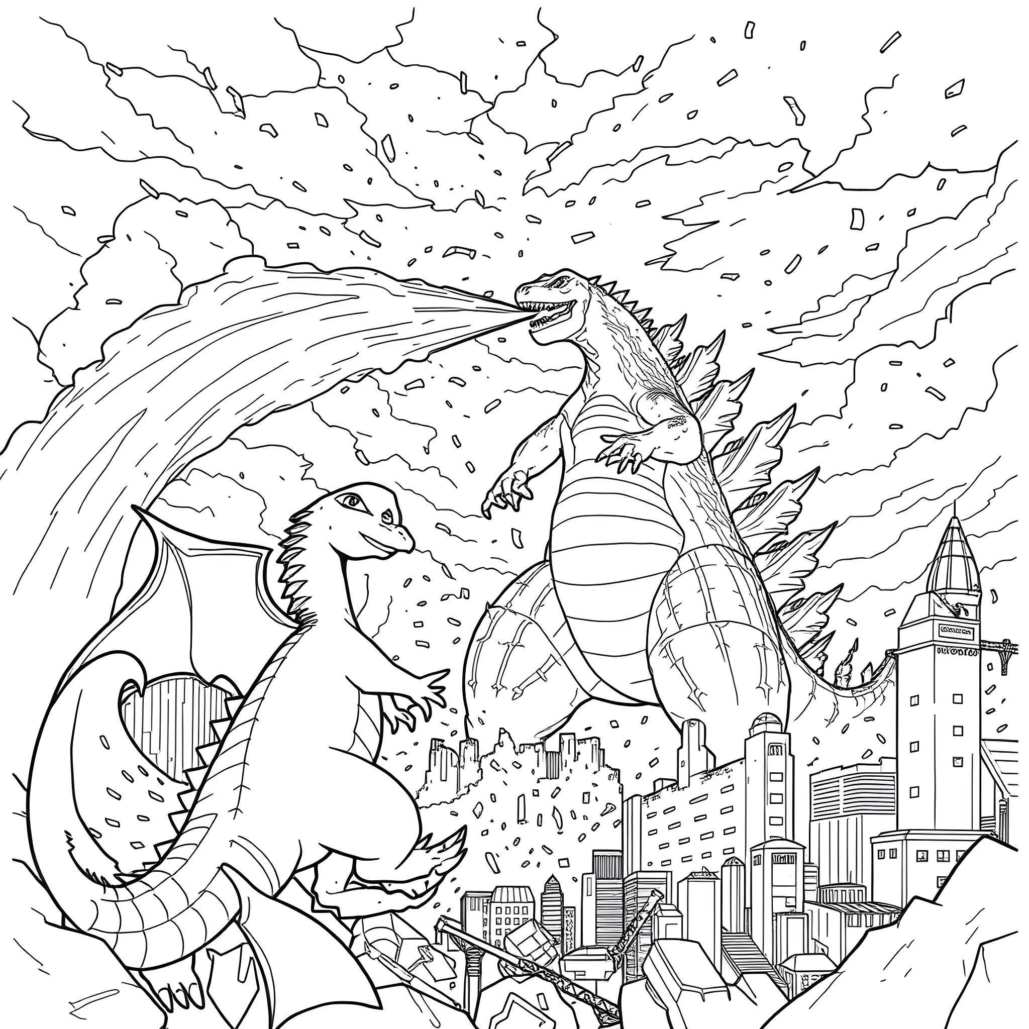 Charizard battling in a dramatic city scene Coloring Page (free black-and-white line drawing printable PDF for all, from beginners to advanced learners, including children, teens, adults, and seniors)