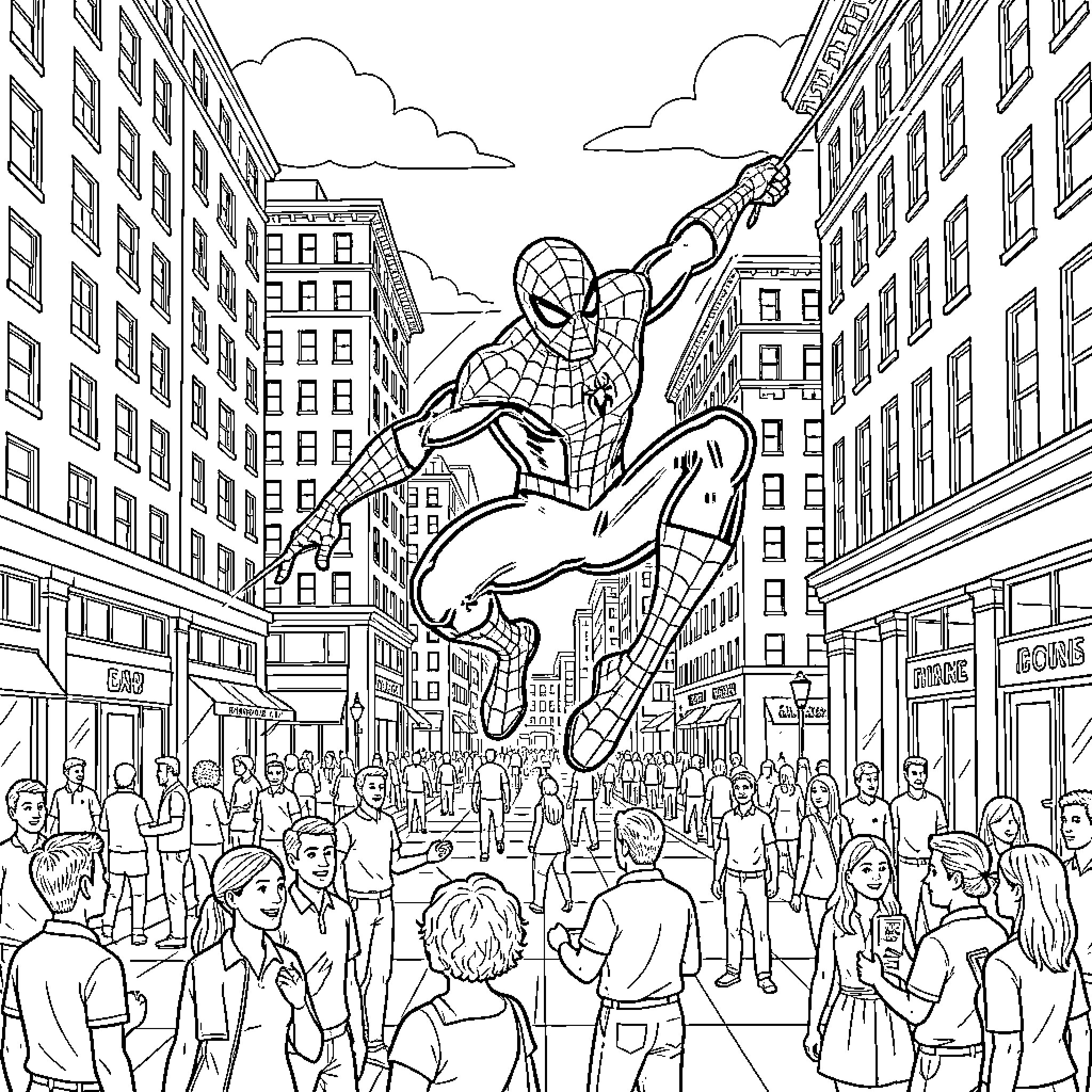 Spiderman swinging through a crowded city street Coloring Page (free black-and-white line drawing printable PDF for all, from beginners to advanced learners, including children, teens, adults, and seniors)