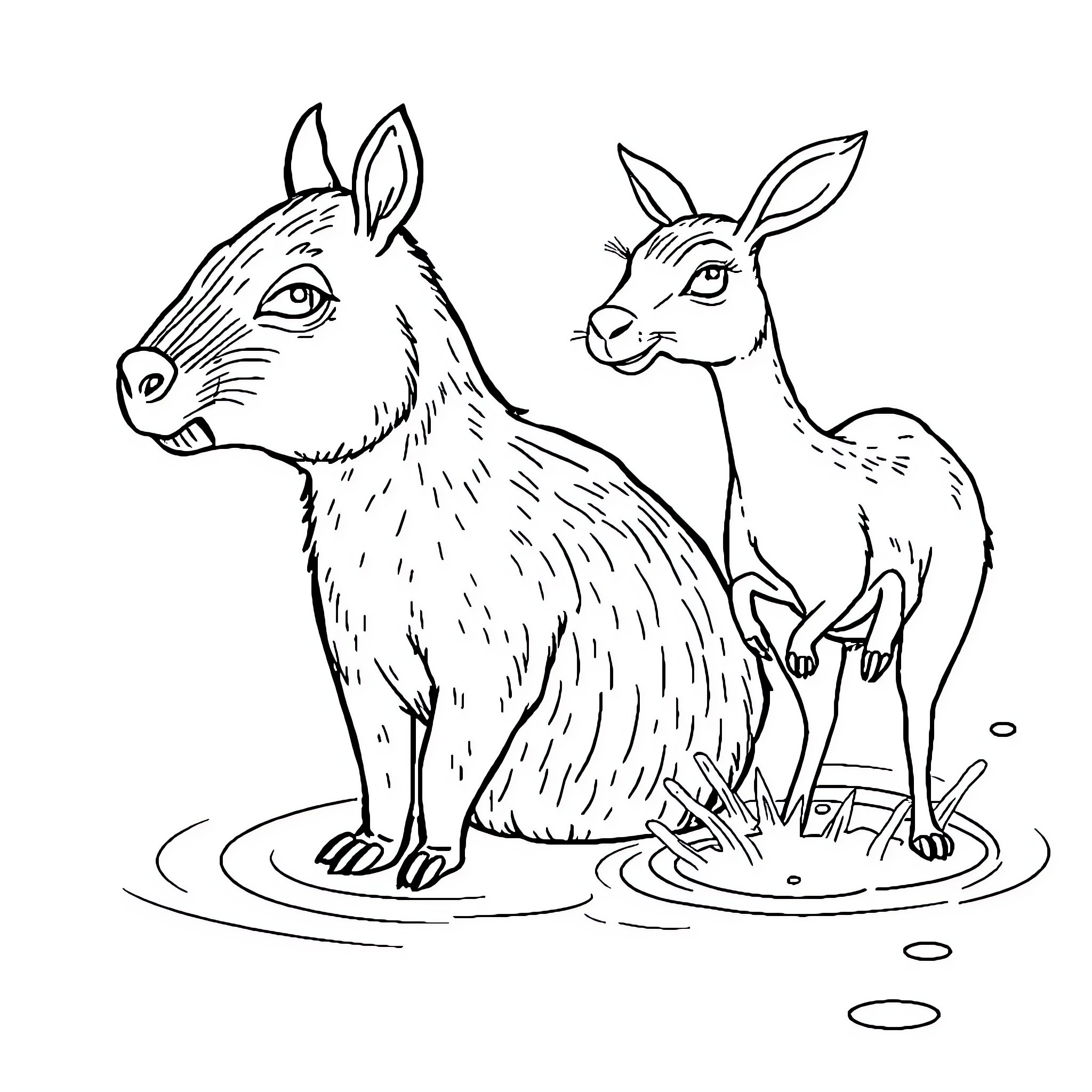 Capybara and rabbit standing in shallow water Coloring Page (free black-and-white line drawing printable PDF for all, from beginners to advanced learners, including children, teens, adults, and seniors)