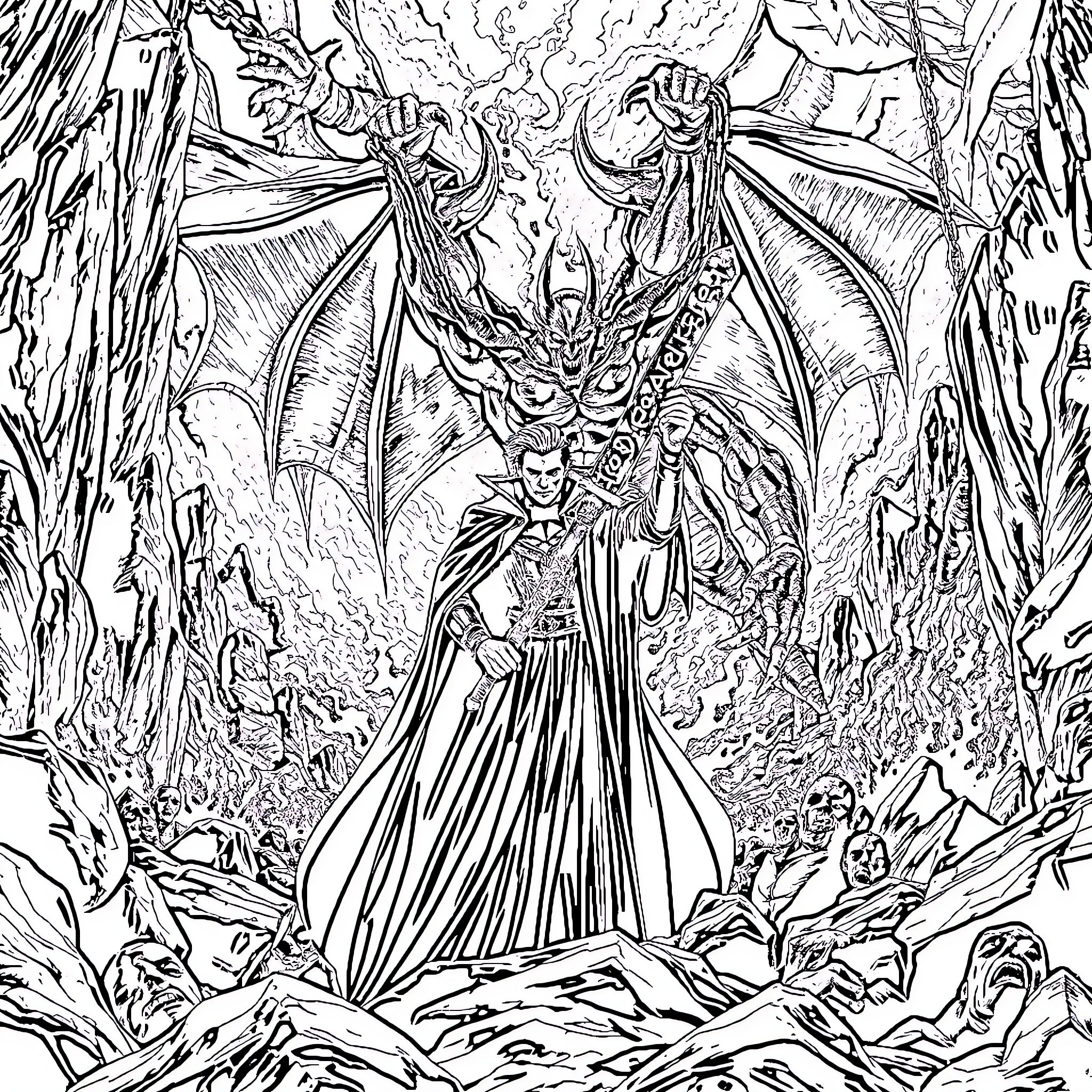 Vampire Lord's Dark Dominion Coloring Page (free black-and-white line drawing printable PDF for all, from beginners to advanced learners, including children, teens, adults, and seniors)